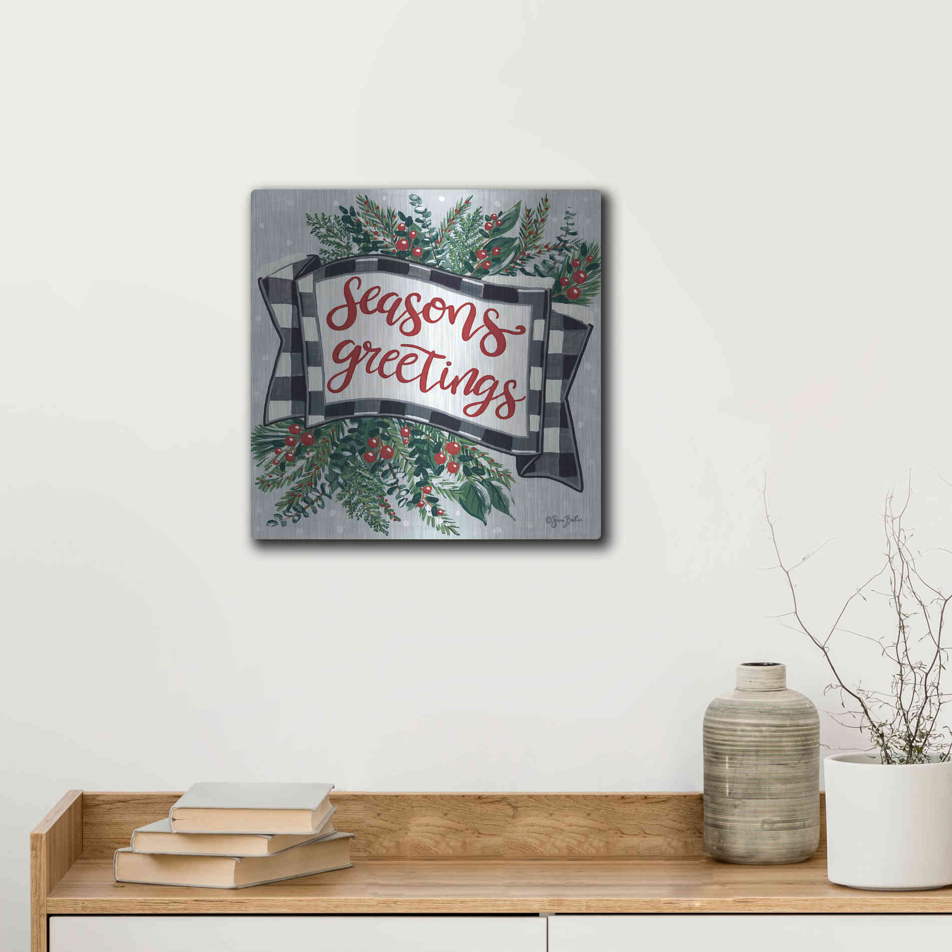 Luxe Metal Art 'Seasons Greetings Banner' by Sara Baker, Metal Wall Art,12x12