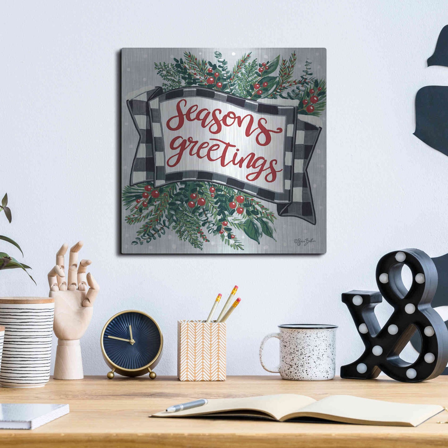 Luxe Metal Art 'Seasons Greetings Banner' by Sara Baker, Metal Wall Art,12x12
