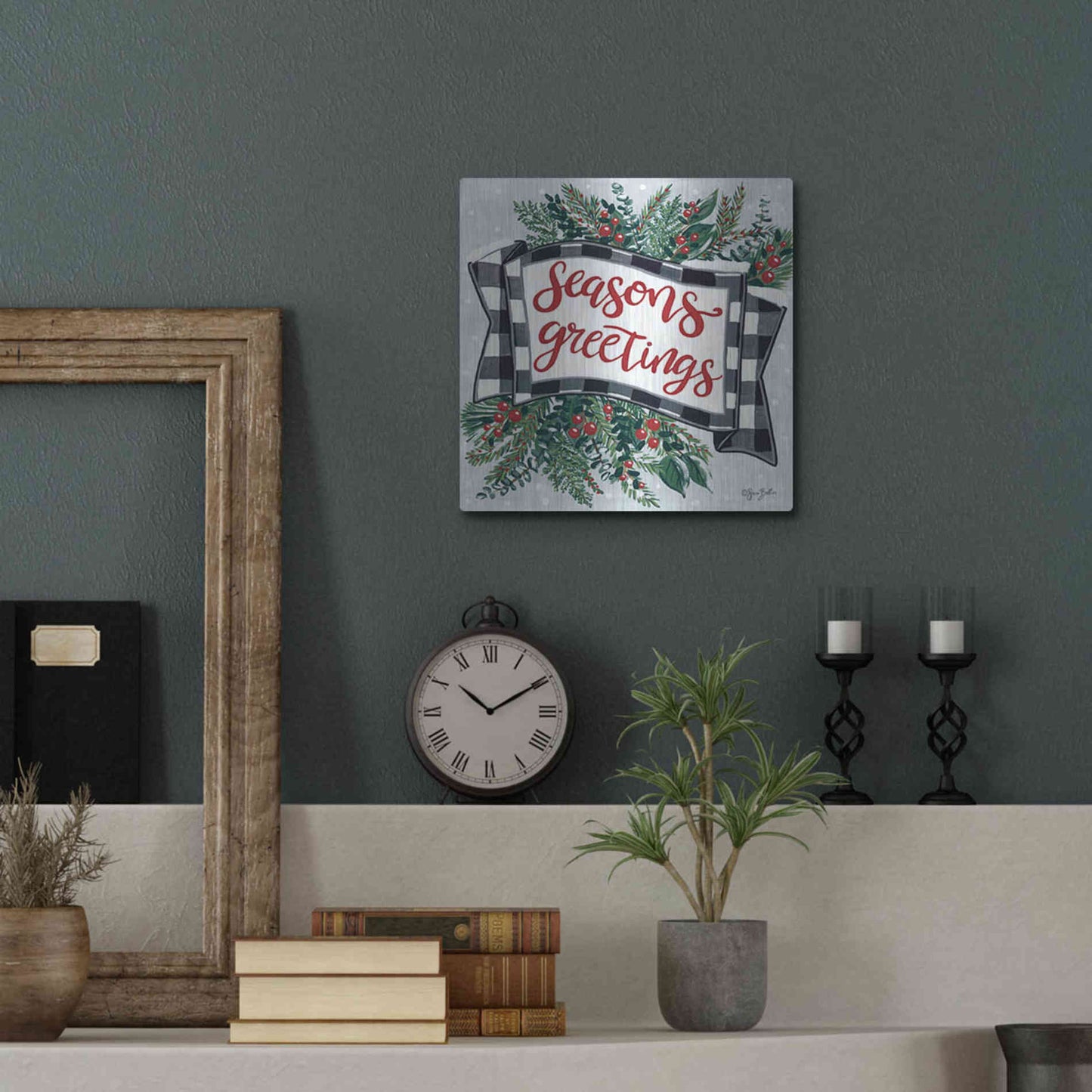 Luxe Metal Art 'Seasons Greetings Banner' by Sara Baker, Metal Wall Art,12x12