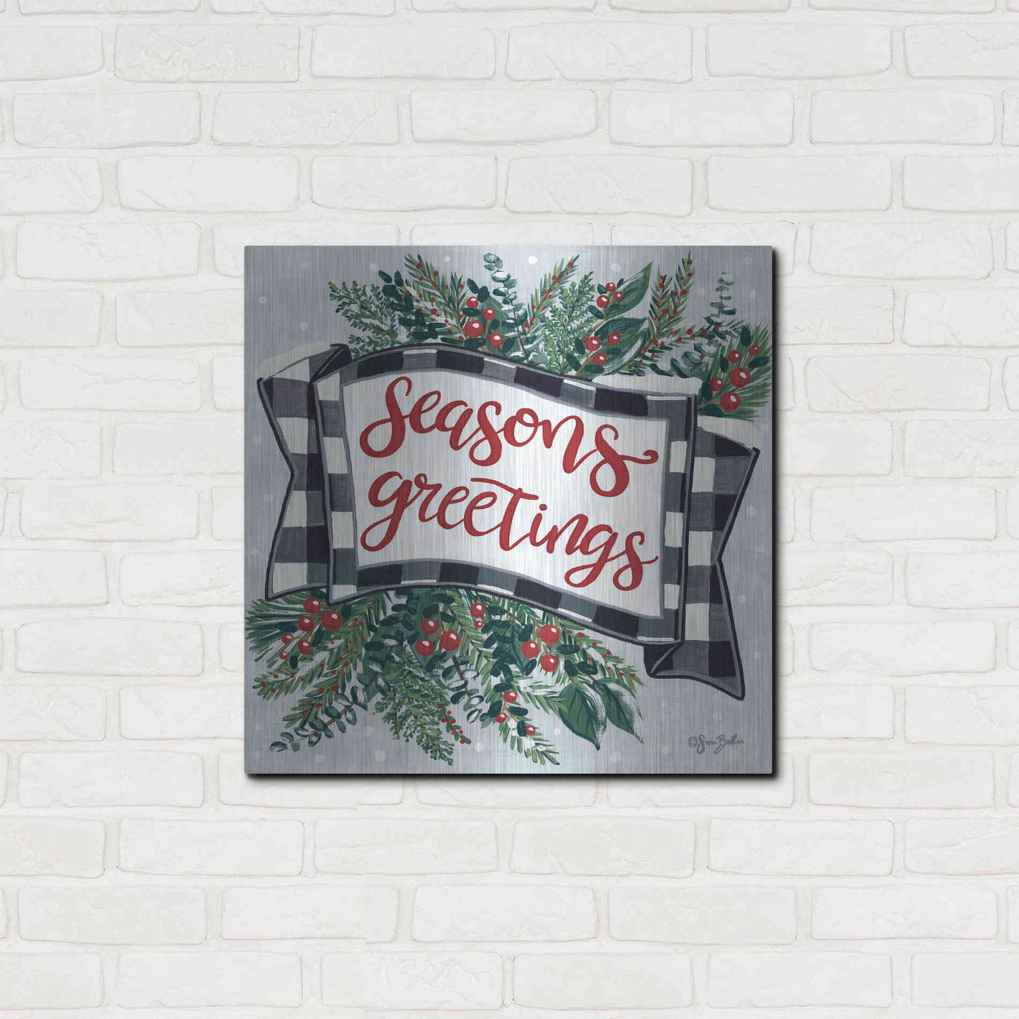 Luxe Metal Art 'Seasons Greetings Banner' by Sara Baker, Metal Wall Art,24x24