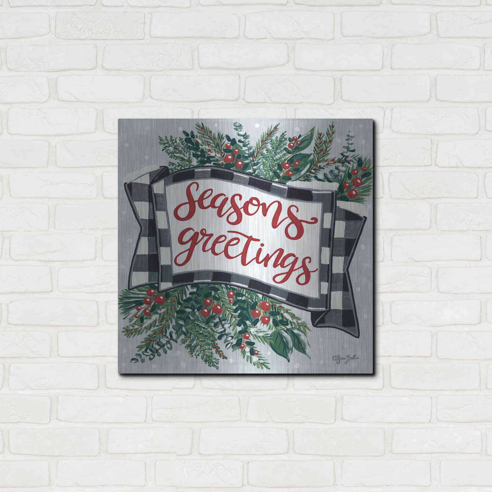 Luxe Metal Art 'Seasons Greetings Banner' by Sara Baker, Metal Wall Art,24x24