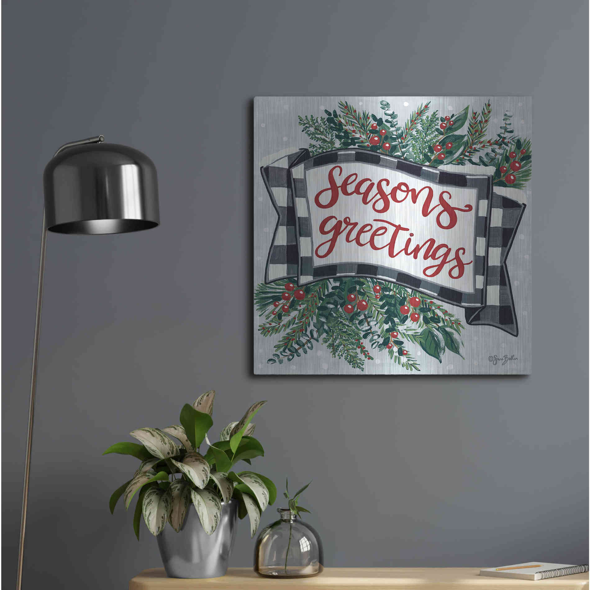 Luxe Metal Art 'Seasons Greetings Banner' by Sara Baker, Metal Wall Art,24x24