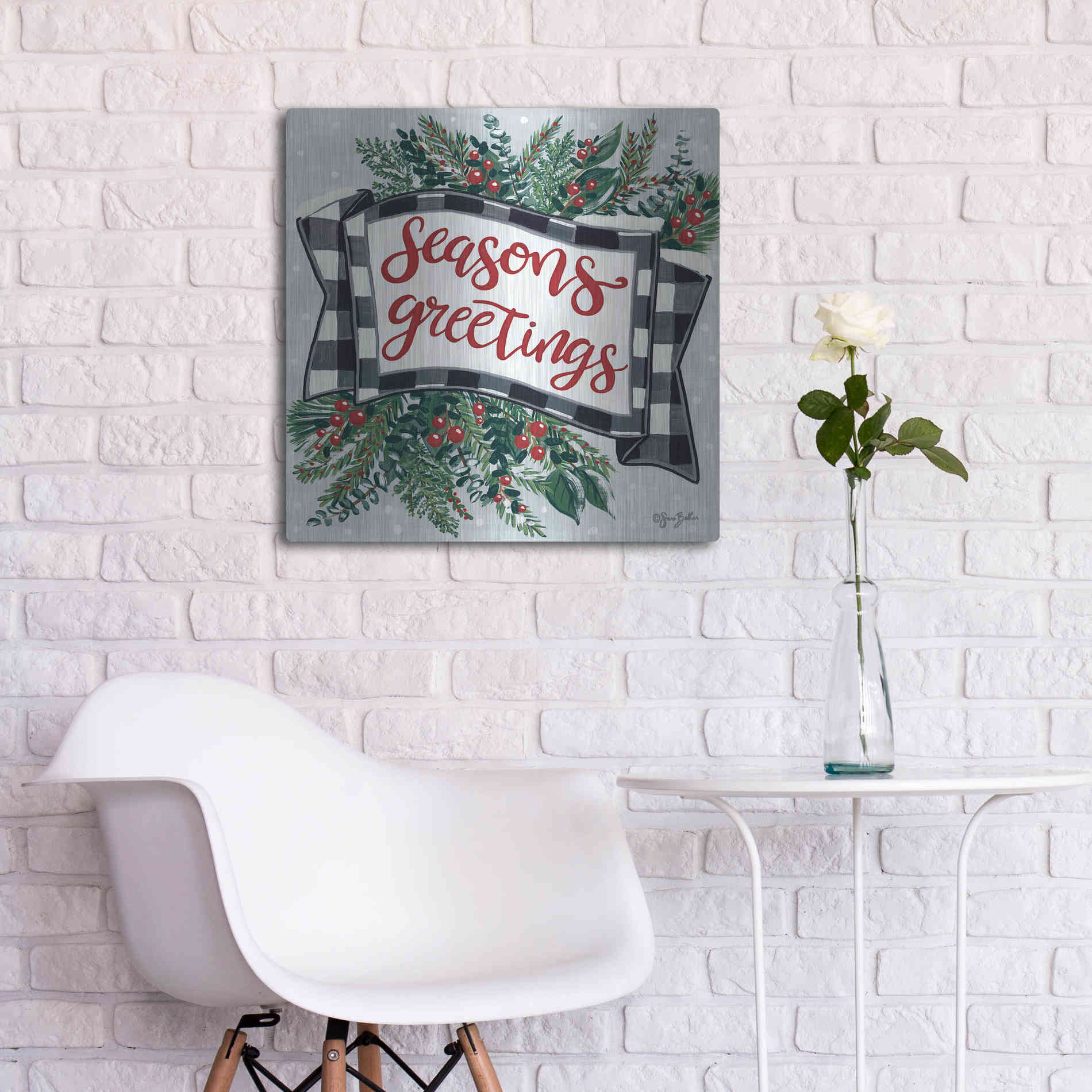 Luxe Metal Art 'Seasons Greetings Banner' by Sara Baker, Metal Wall Art,24x24