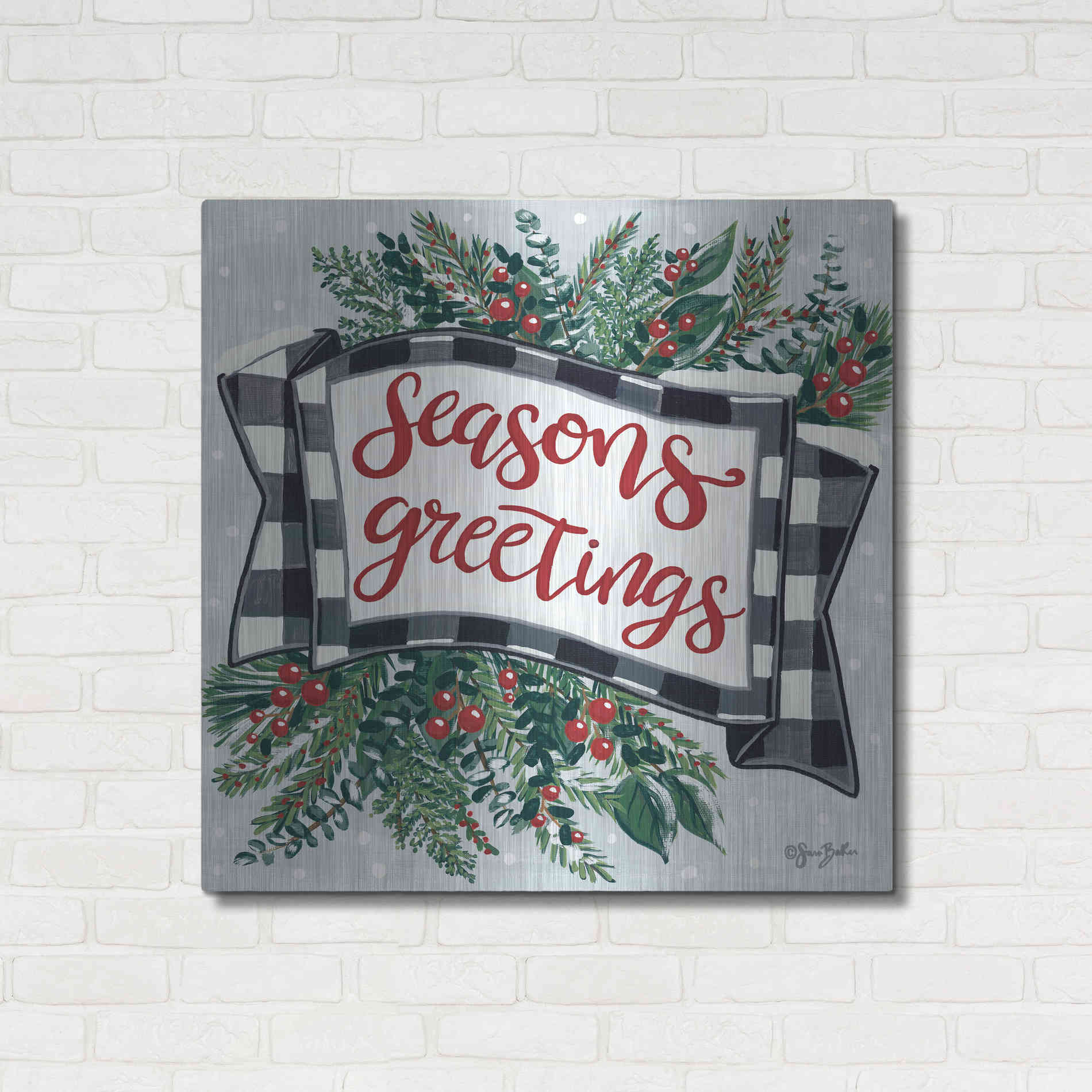 Luxe Metal Art 'Seasons Greetings Banner' by Sara Baker, Metal Wall Art,36x36