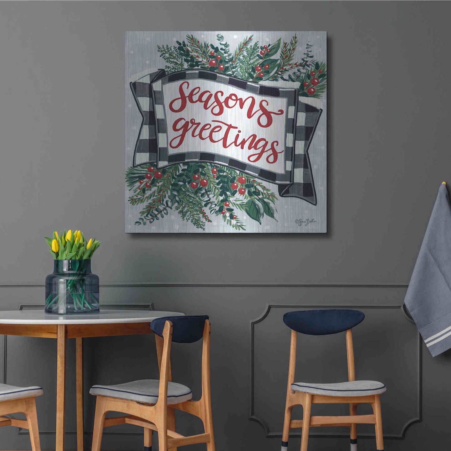 Luxe Metal Art 'Seasons Greetings Banner' by Sara Baker, Metal Wall Art,36x36