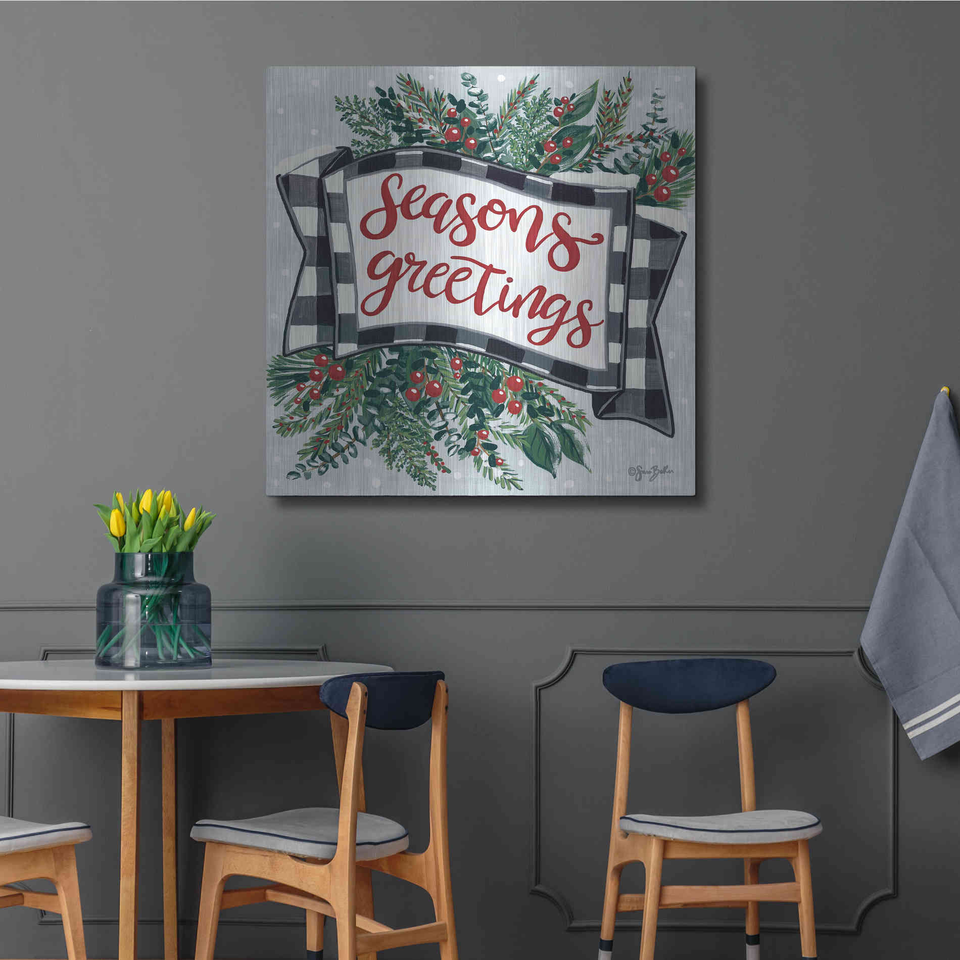 Luxe Metal Art 'Seasons Greetings Banner' by Sara Baker, Metal Wall Art,36x36
