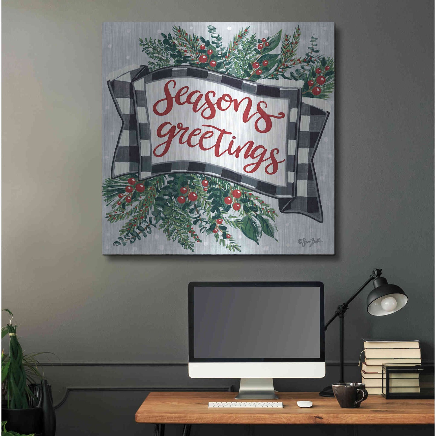 Luxe Metal Art 'Seasons Greetings Banner' by Sara Baker, Metal Wall Art,36x36