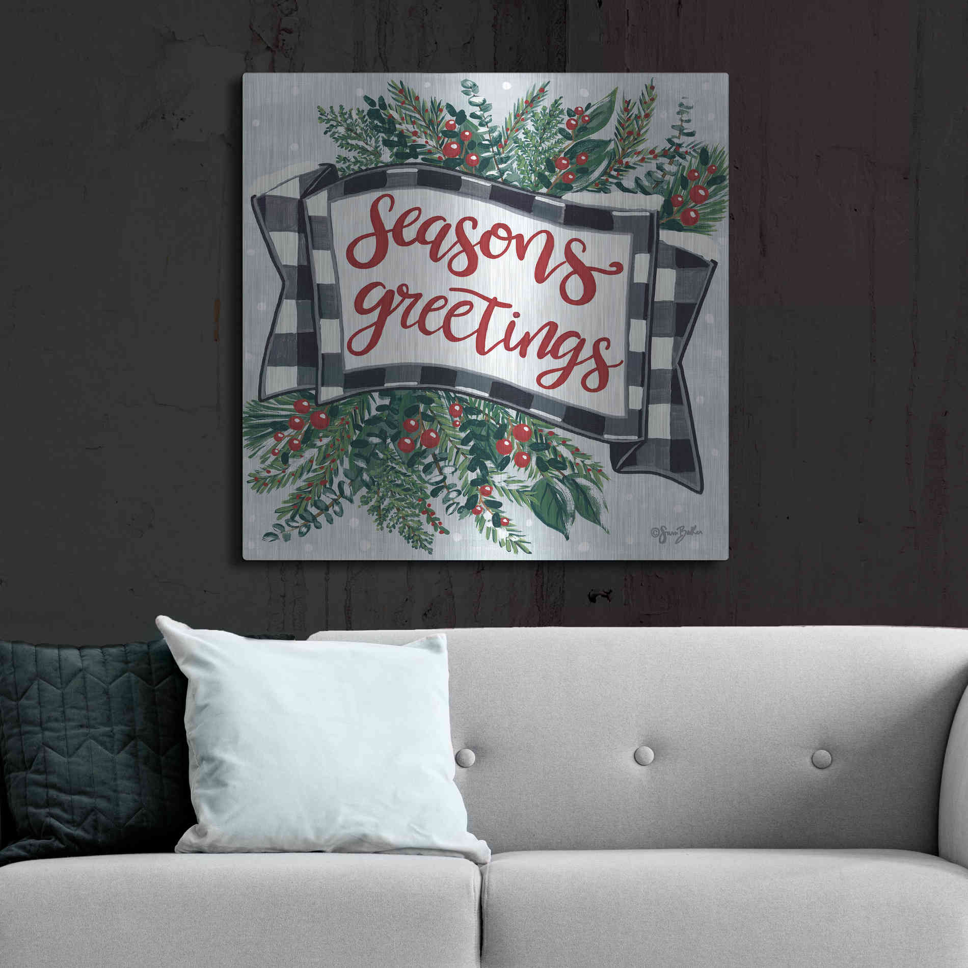 Luxe Metal Art 'Seasons Greetings Banner' by Sara Baker, Metal Wall Art,36x36