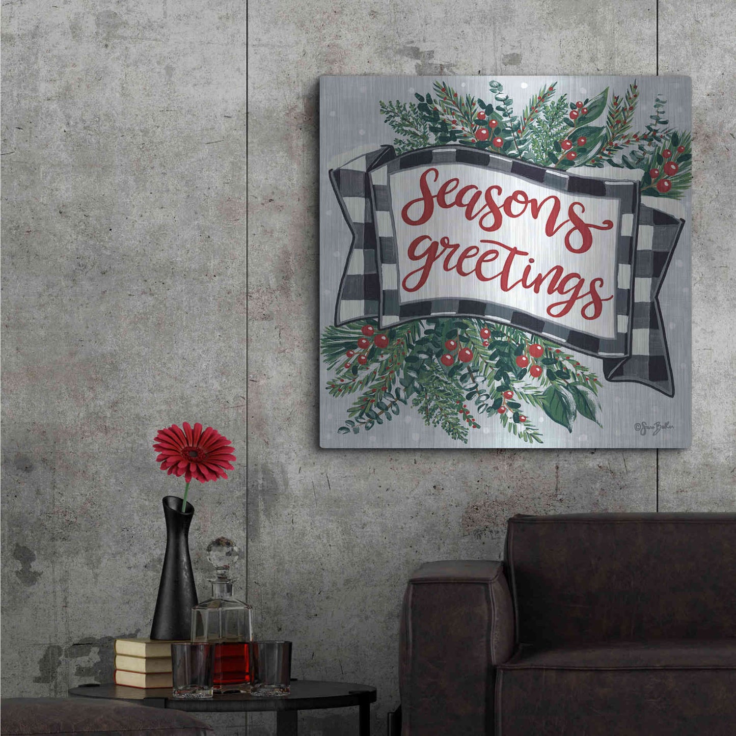 Luxe Metal Art 'Seasons Greetings Banner' by Sara Baker, Metal Wall Art,36x36