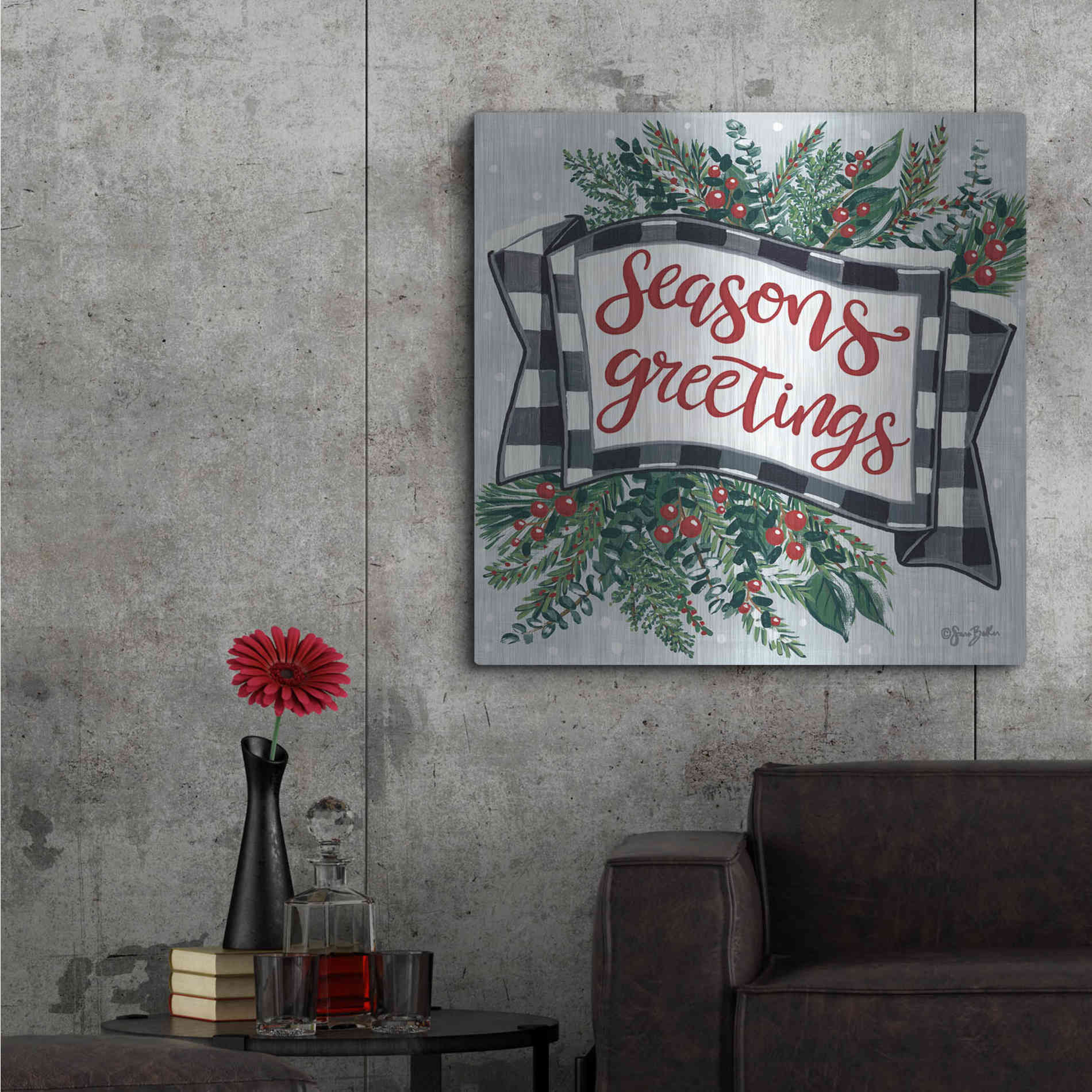 Luxe Metal Art 'Seasons Greetings Banner' by Sara Baker, Metal Wall Art,36x36