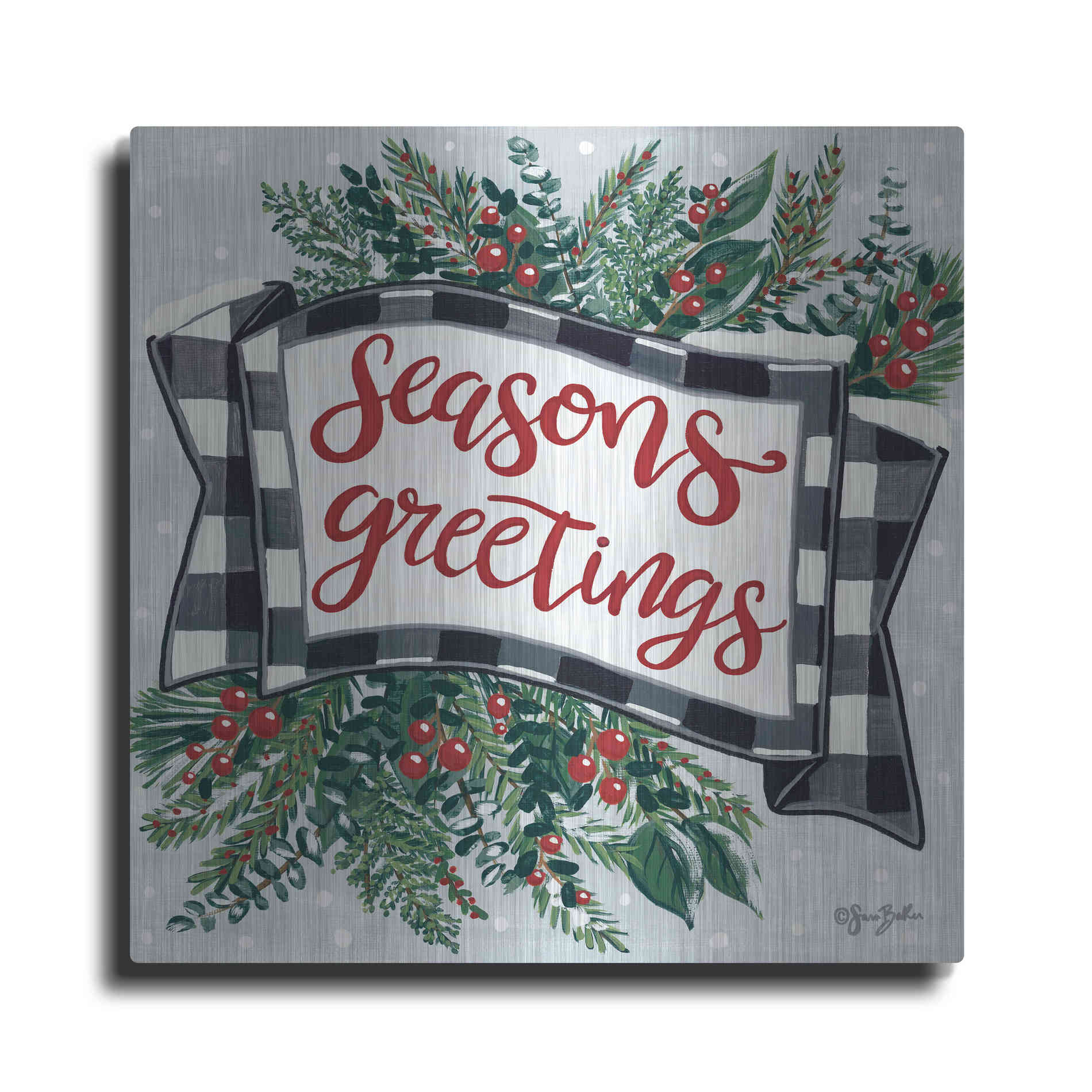 Luxe Metal Art 'Seasons Greetings Banner' by Sara Baker, Metal Wall Art