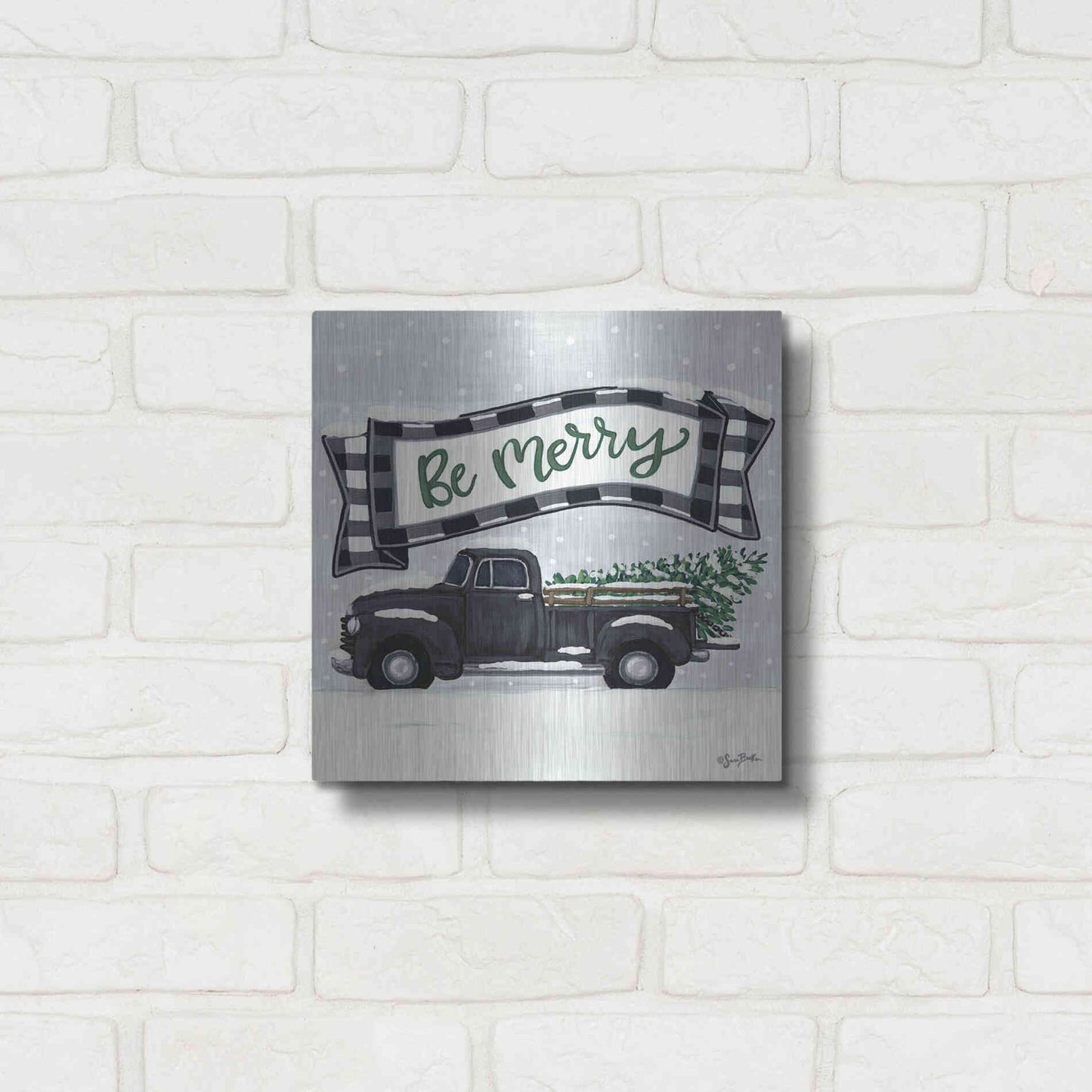 Luxe Metal Art 'Be Merry Truck' by Sara Baker, Metal Wall Art,12x12