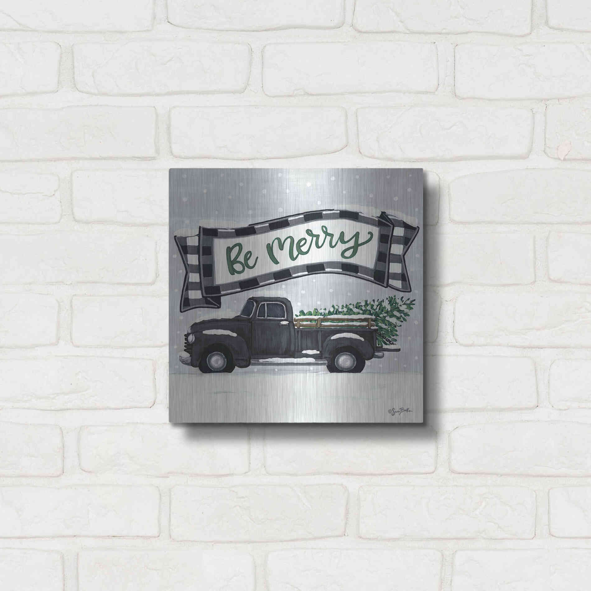 Luxe Metal Art 'Be Merry Truck' by Sara Baker, Metal Wall Art,12x12