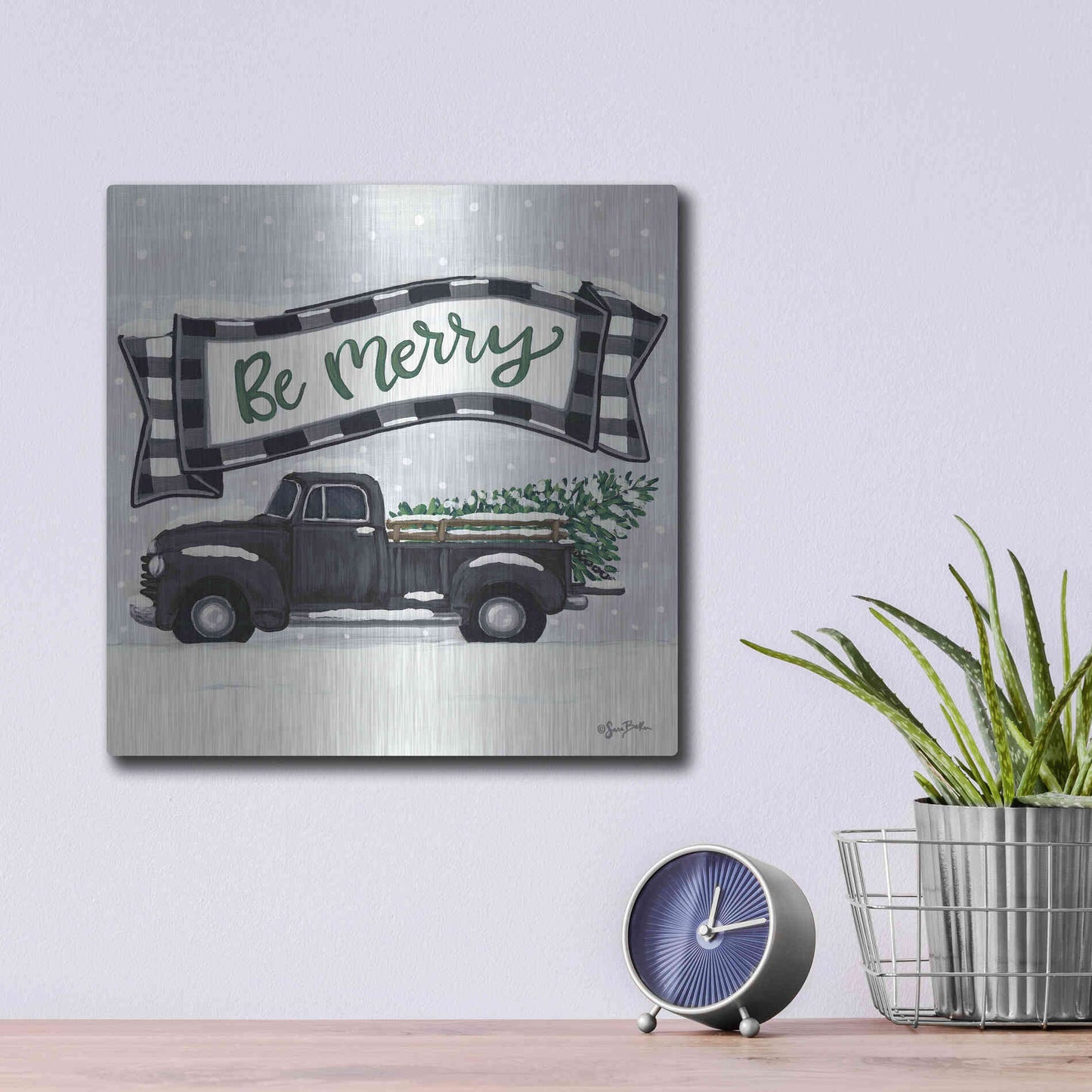 Luxe Metal Art 'Be Merry Truck' by Sara Baker, Metal Wall Art,12x12