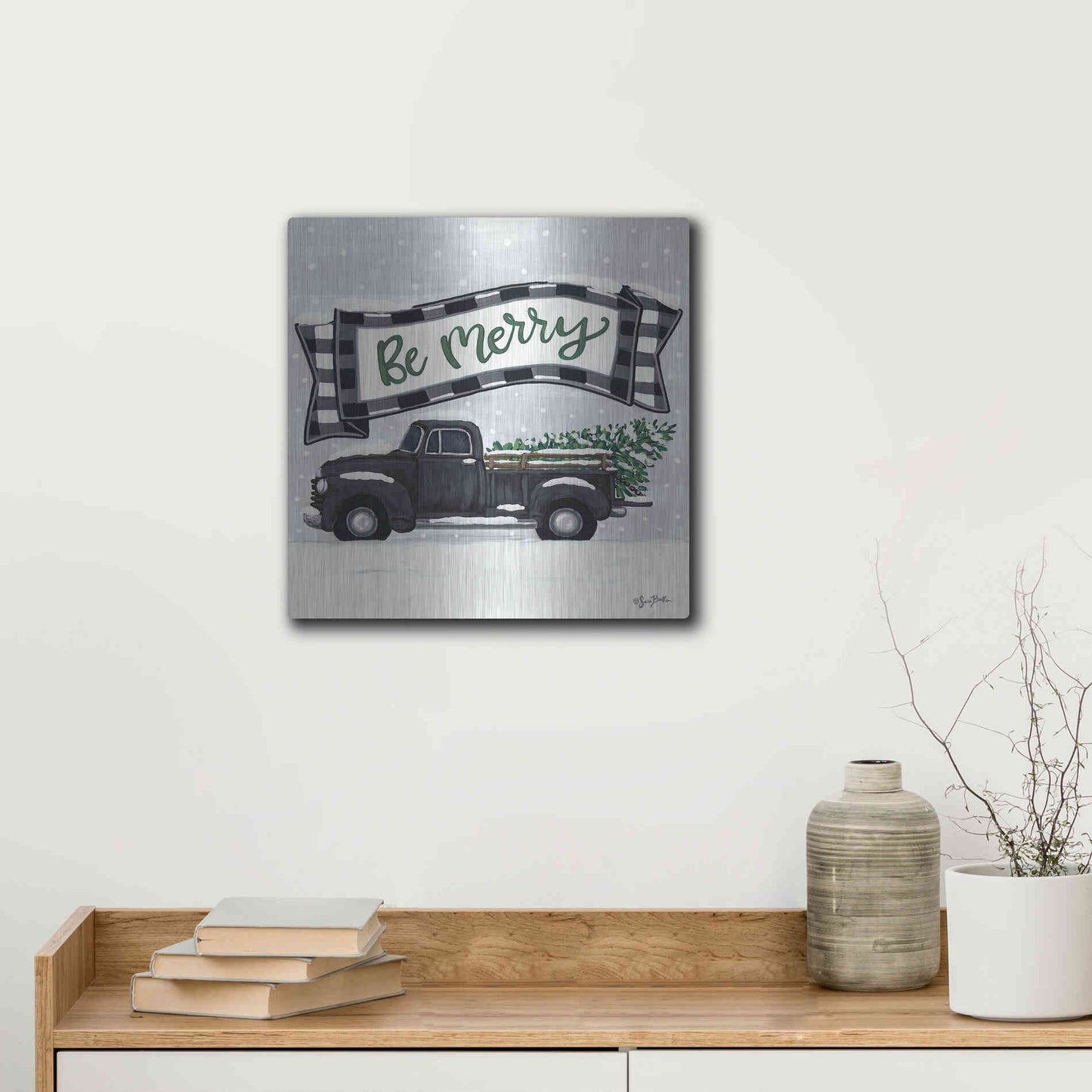 Luxe Metal Art 'Be Merry Truck' by Sara Baker, Metal Wall Art,12x12