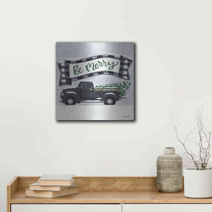 Luxe Metal Art 'Be Merry Truck' by Sara Baker, Metal Wall Art,12x12