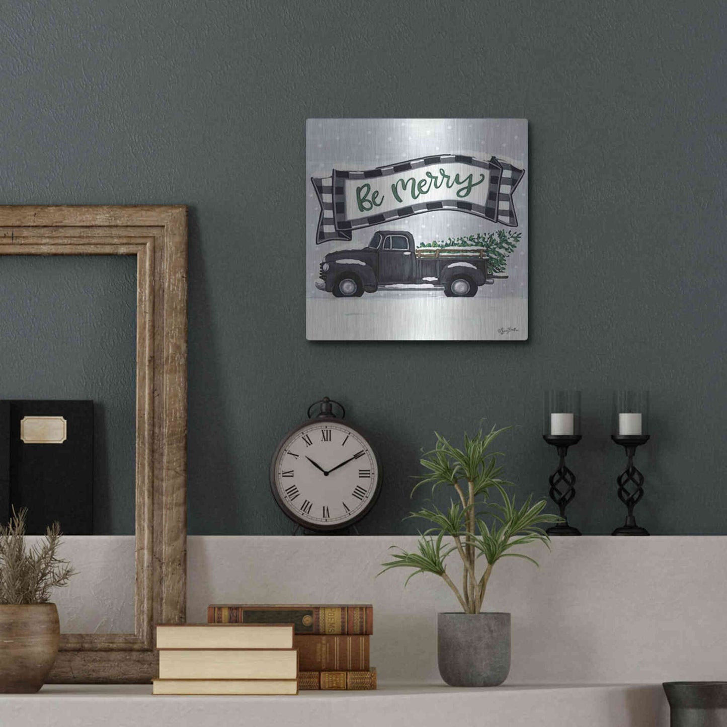 Luxe Metal Art 'Be Merry Truck' by Sara Baker, Metal Wall Art,12x12
