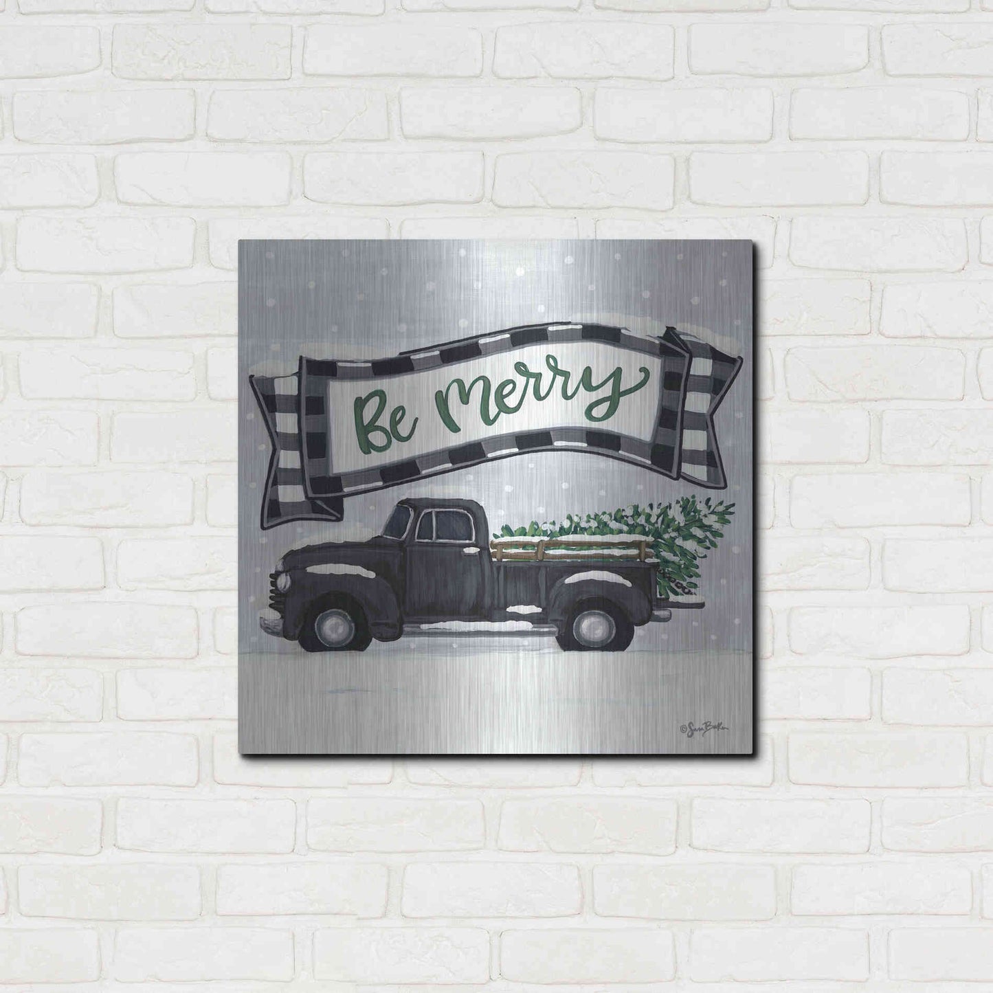 Luxe Metal Art 'Be Merry Truck' by Sara Baker, Metal Wall Art,24x24