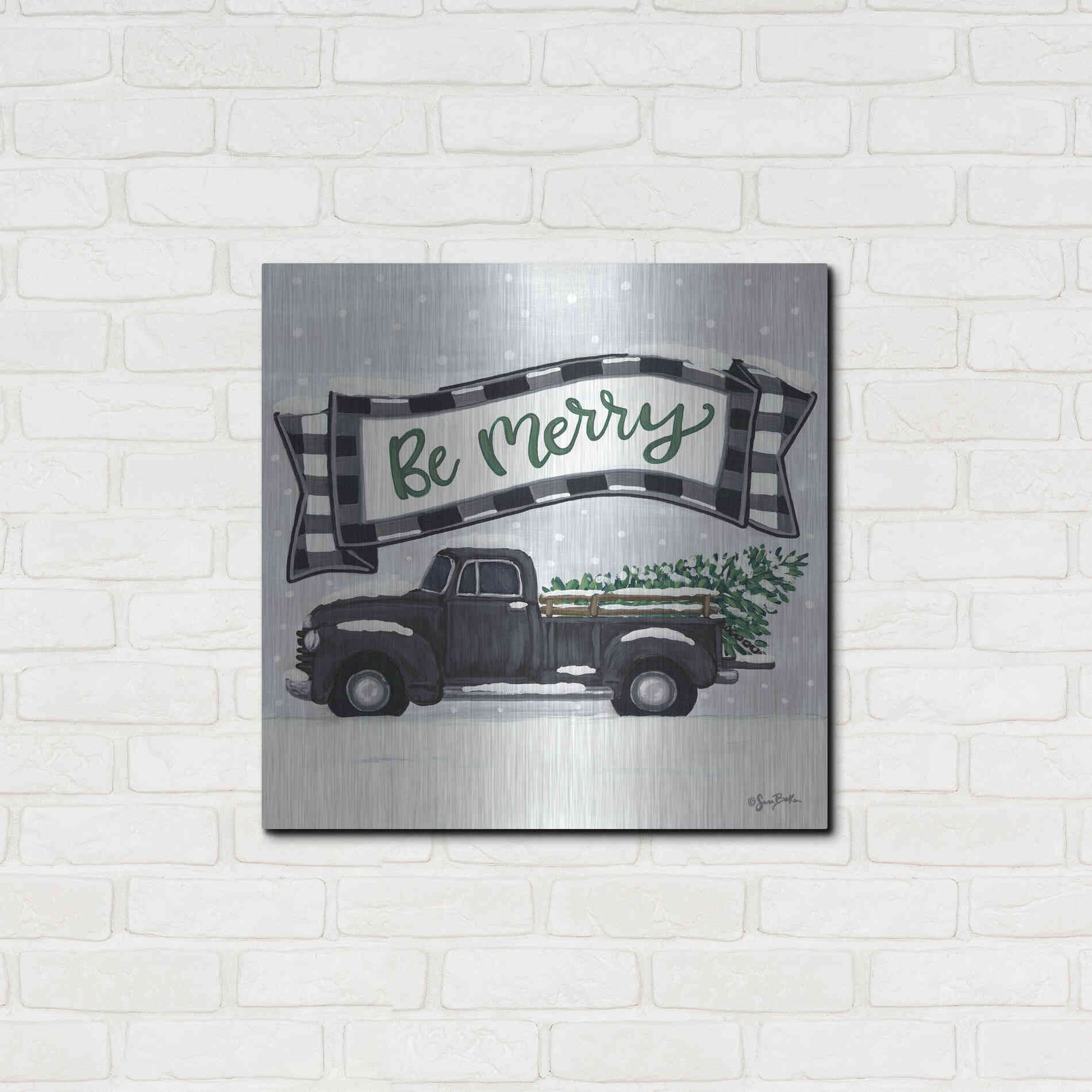 Luxe Metal Art 'Be Merry Truck' by Sara Baker, Metal Wall Art,24x24