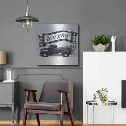 Luxe Metal Art 'Be Merry Truck' by Sara Baker, Metal Wall Art,24x24