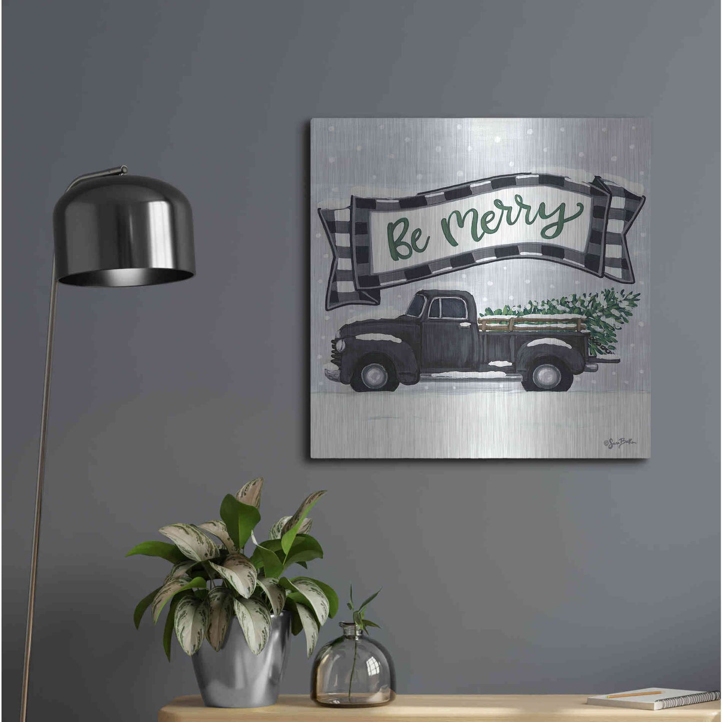 Luxe Metal Art 'Be Merry Truck' by Sara Baker, Metal Wall Art,24x24