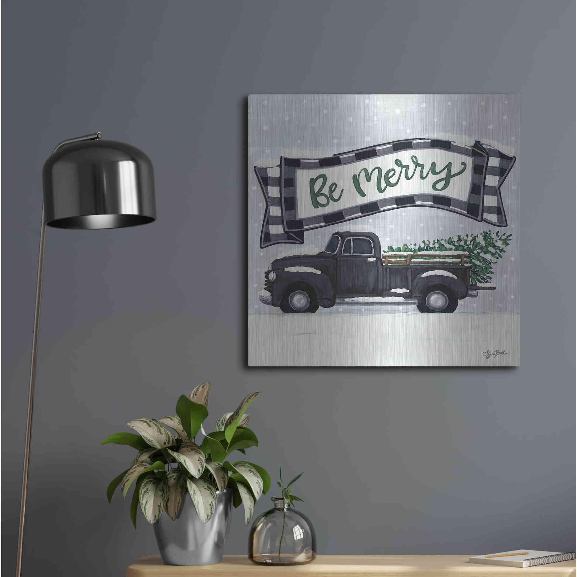 Luxe Metal Art 'Be Merry Truck' by Sara Baker, Metal Wall Art,24x24