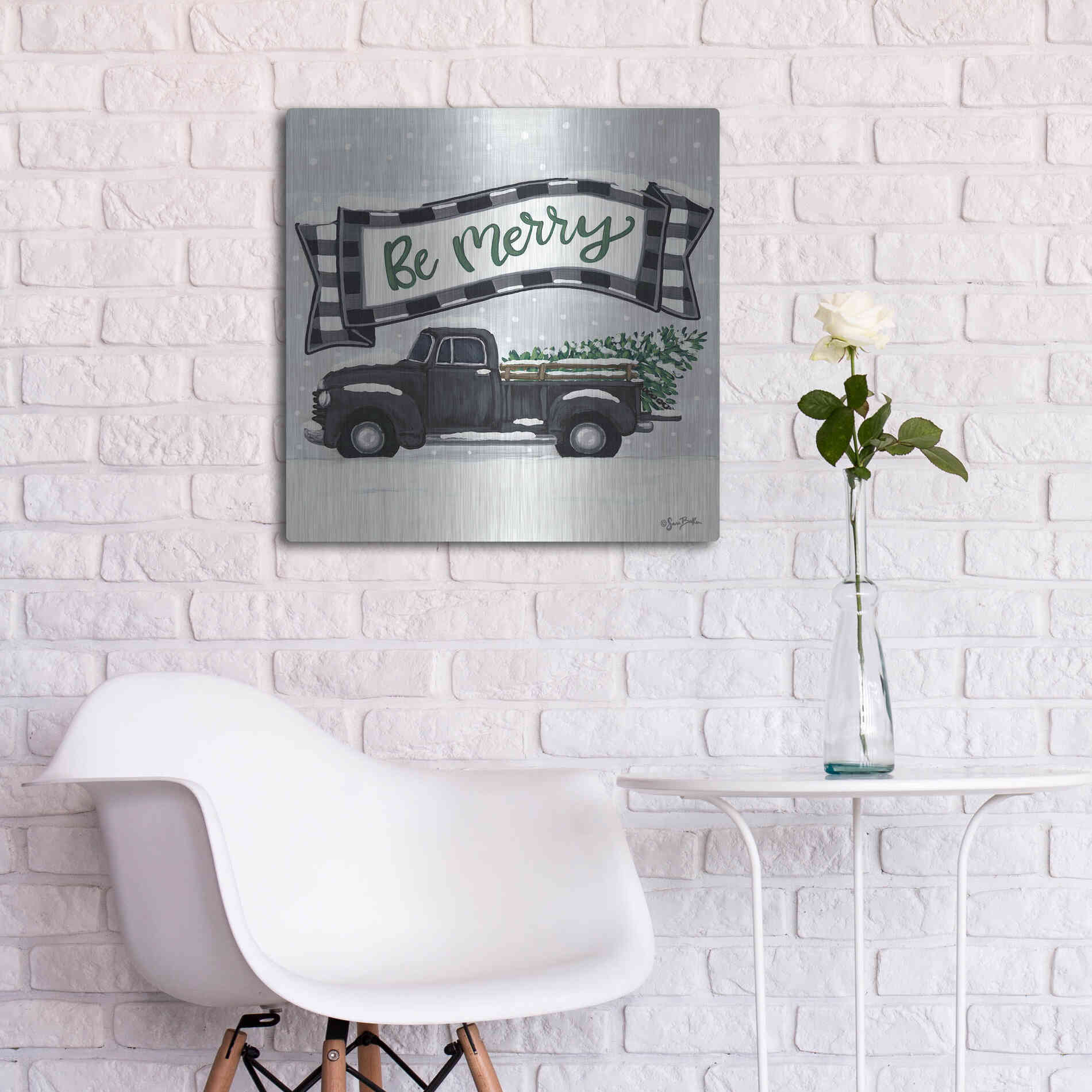 Luxe Metal Art 'Be Merry Truck' by Sara Baker, Metal Wall Art,24x24