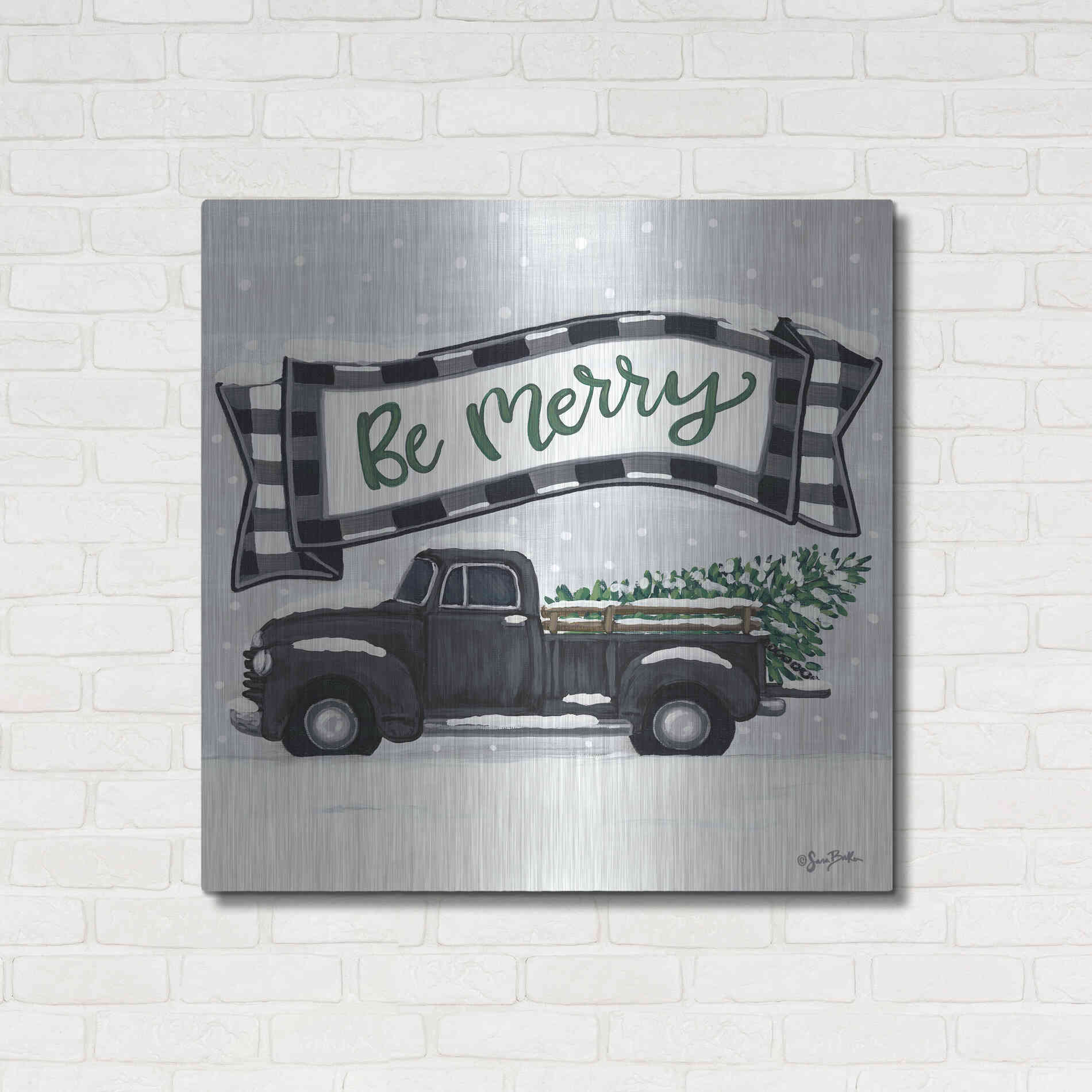 Luxe Metal Art 'Be Merry Truck' by Sara Baker, Metal Wall Art,36x36