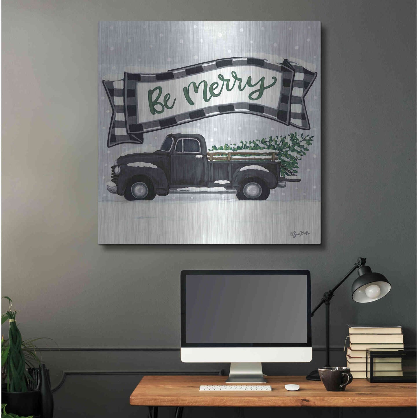 Luxe Metal Art 'Be Merry Truck' by Sara Baker, Metal Wall Art,36x36