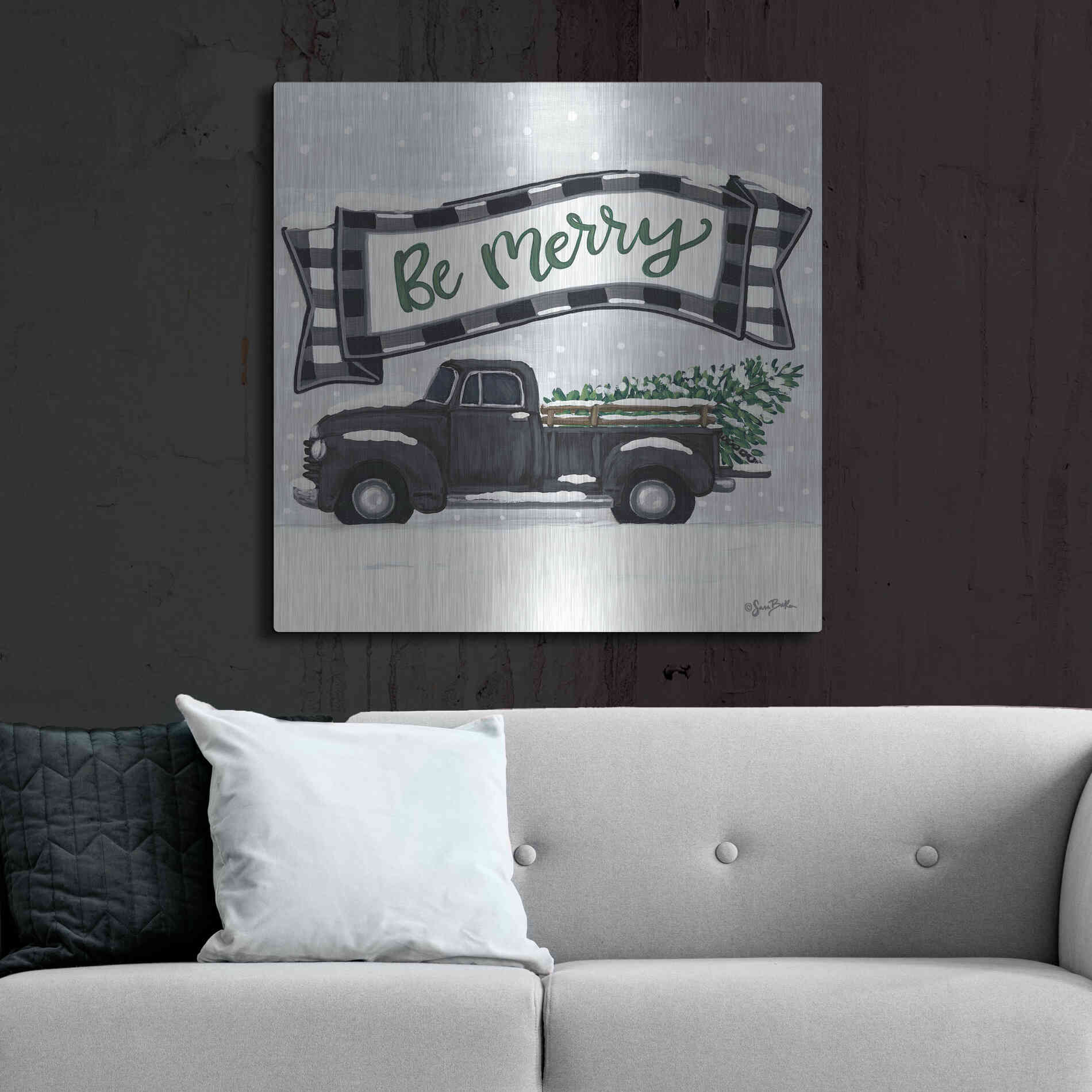 Luxe Metal Art 'Be Merry Truck' by Sara Baker, Metal Wall Art,36x36