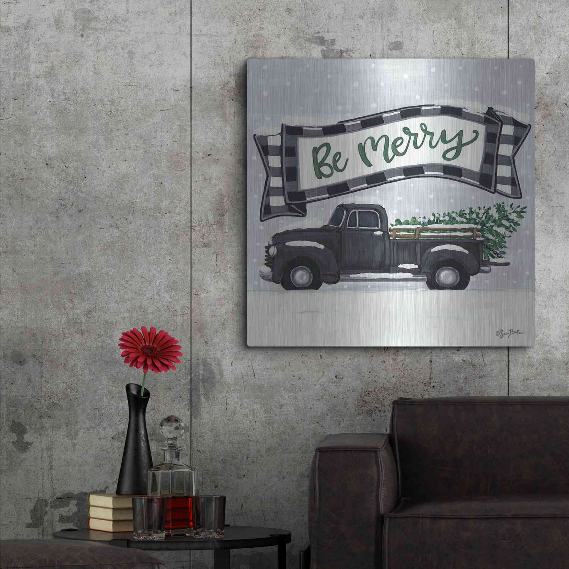 Luxe Metal Art 'Be Merry Truck' by Sara Baker, Metal Wall Art,36x36