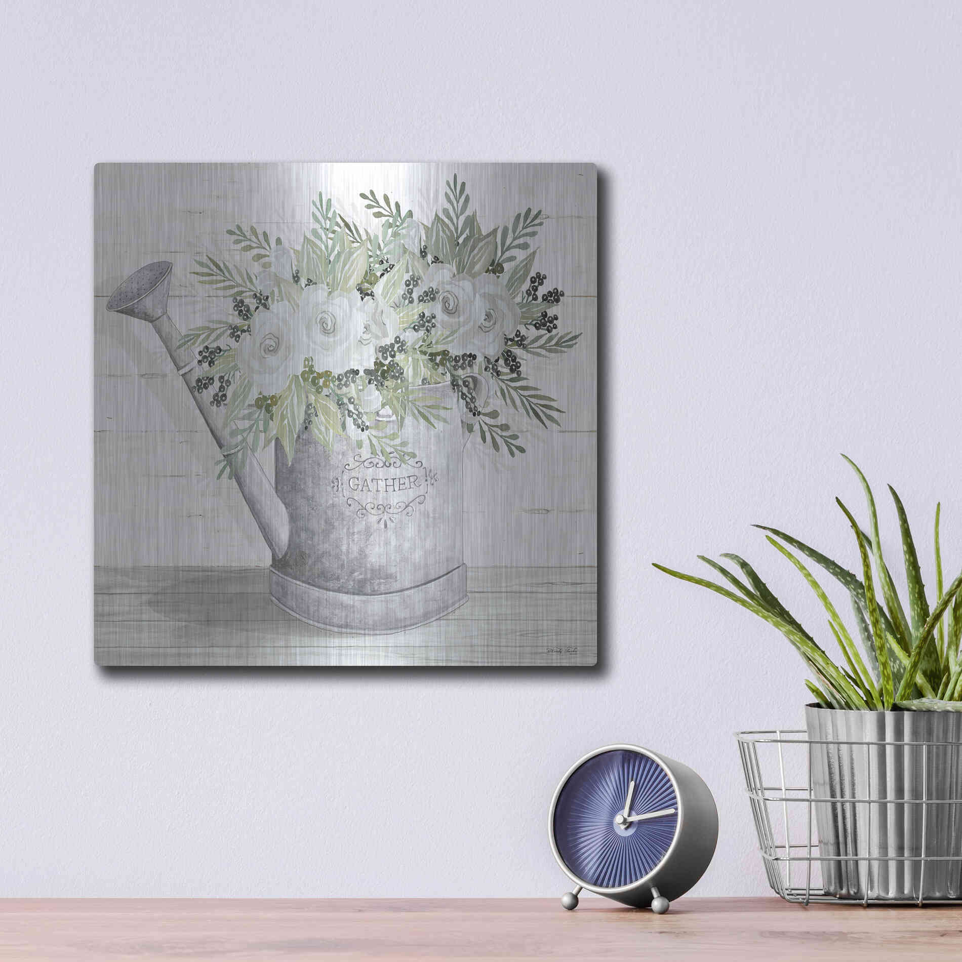 Luxe Metal Art 'Gather Watering Can' by Cindy Jacobs, Metal Wall Art,12x12