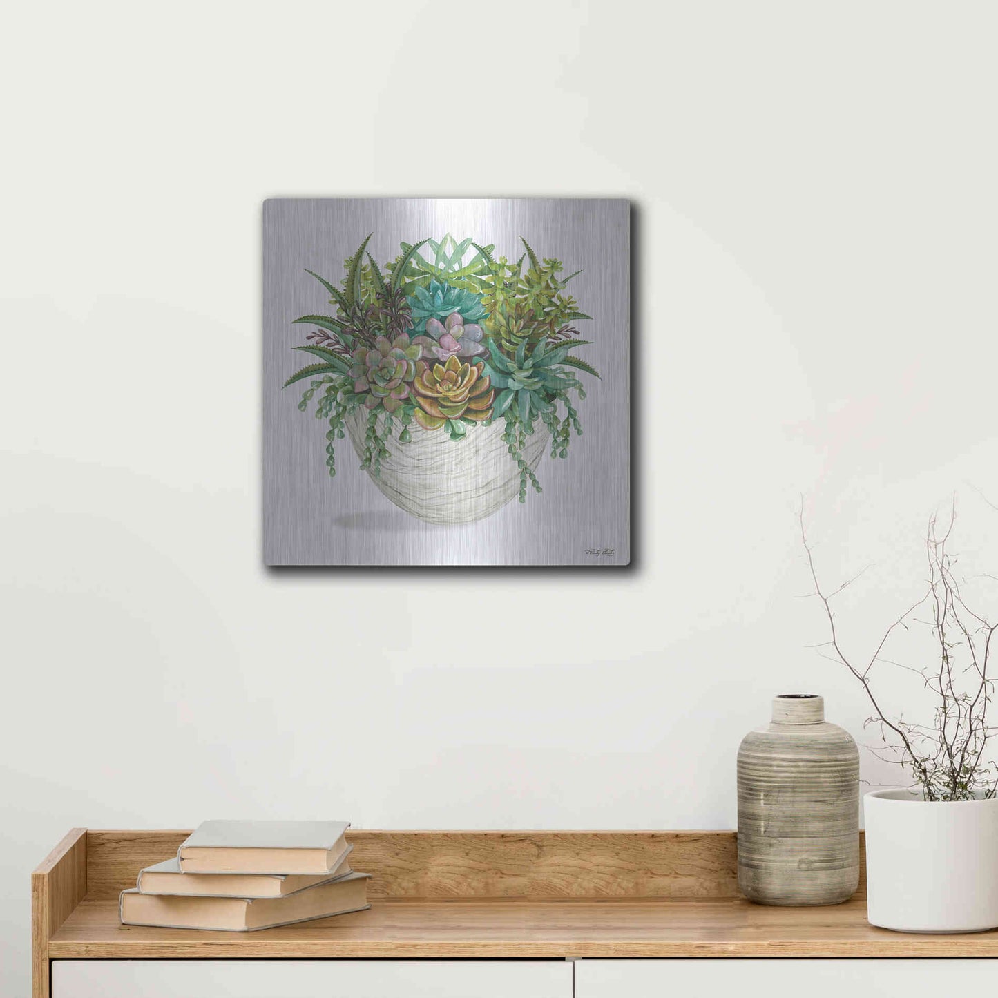 Luxe Metal Art 'White Wood Succulent II' by Cindy Jacobs, Metal Wall Art,12x12
