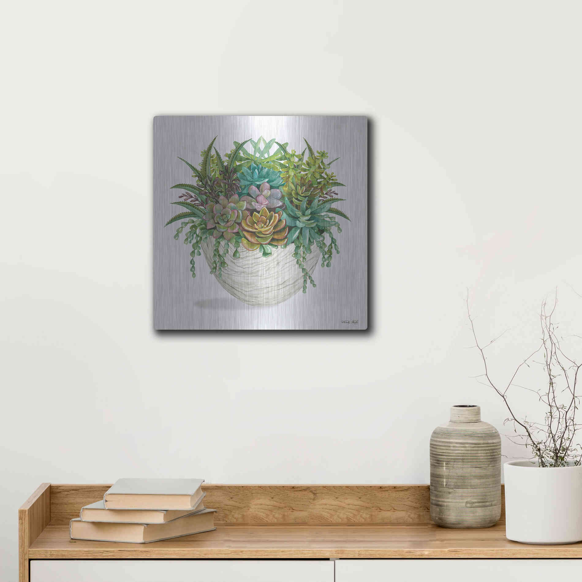 Luxe Metal Art 'White Wood Succulent II' by Cindy Jacobs, Metal Wall Art,12x12