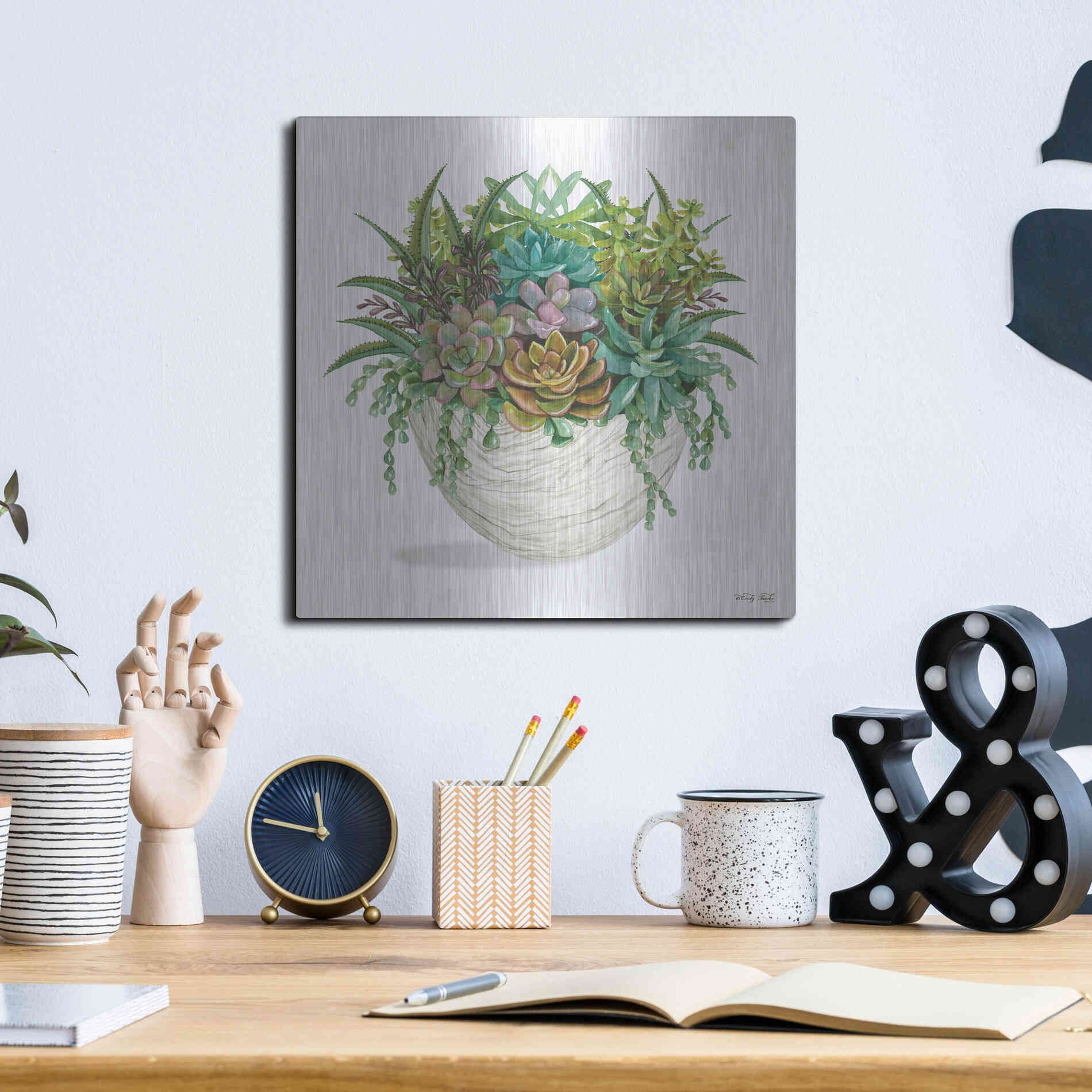 Luxe Metal Art 'White Wood Succulent II' by Cindy Jacobs, Metal Wall Art,12x12