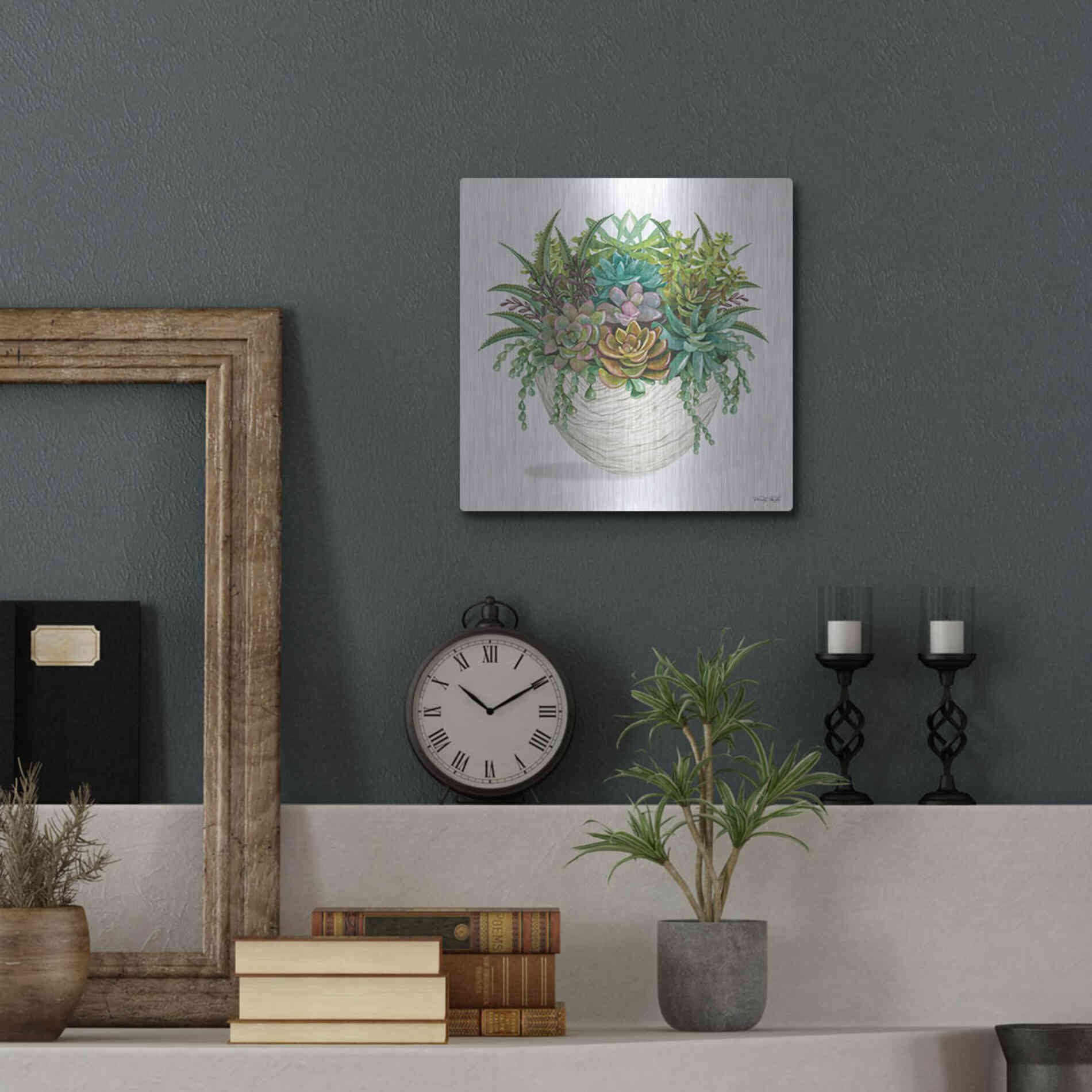 Luxe Metal Art 'White Wood Succulent II' by Cindy Jacobs, Metal Wall Art,12x12