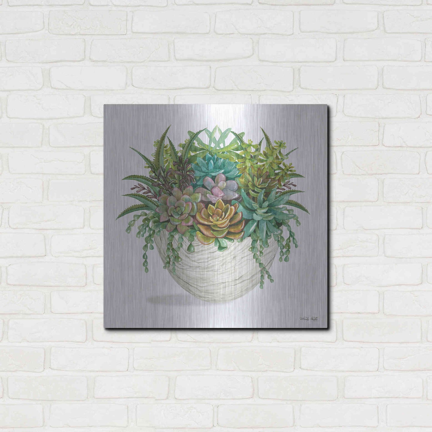 Luxe Metal Art 'White Wood Succulent II' by Cindy Jacobs, Metal Wall Art,24x24