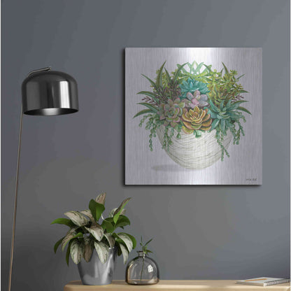 Luxe Metal Art 'White Wood Succulent II' by Cindy Jacobs, Metal Wall Art,24x24