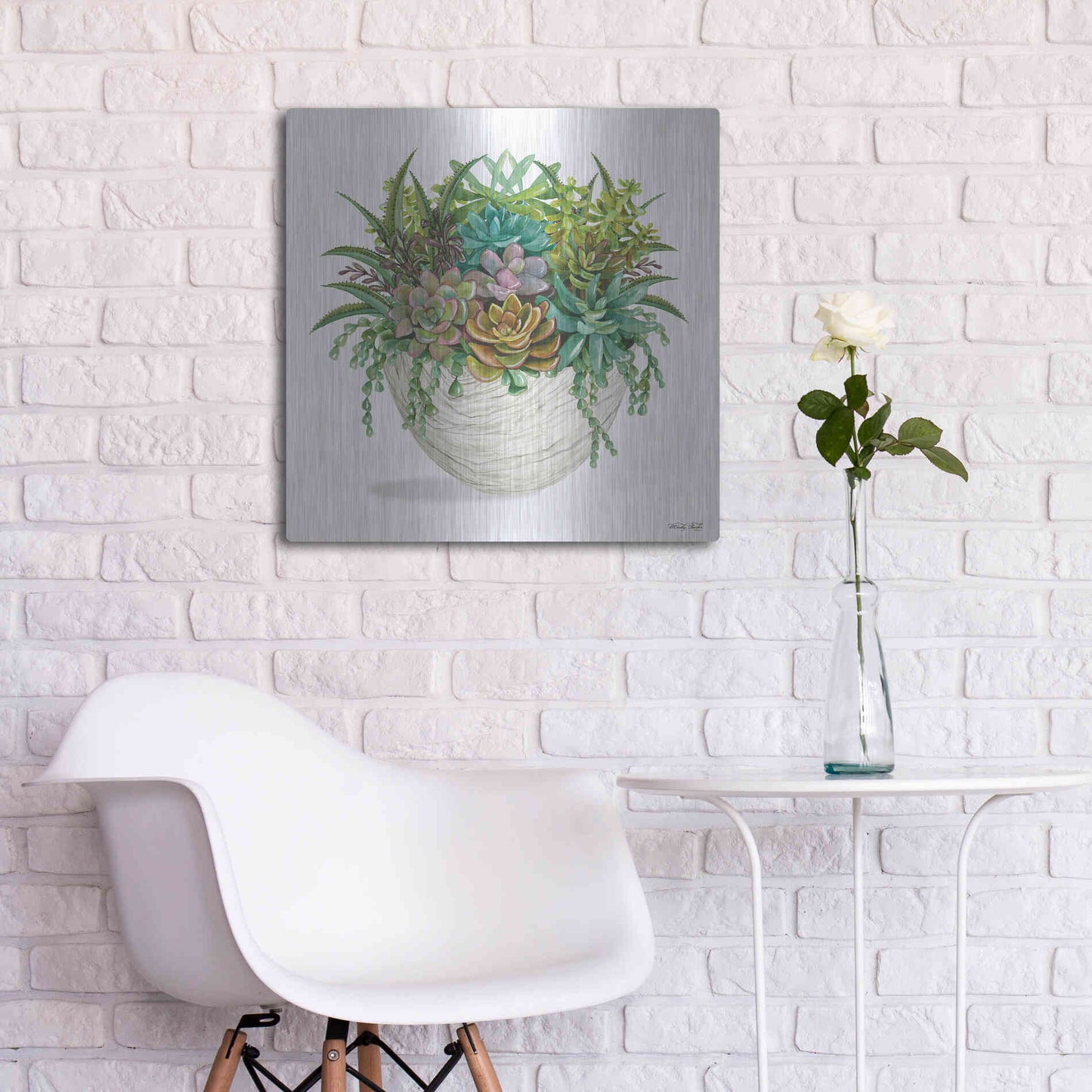 Luxe Metal Art 'White Wood Succulent II' by Cindy Jacobs, Metal Wall Art,24x24