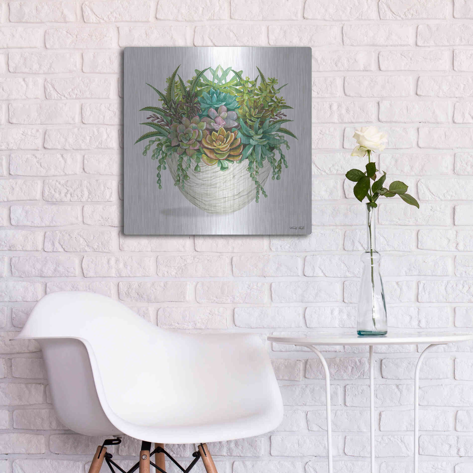 Luxe Metal Art 'White Wood Succulent II' by Cindy Jacobs, Metal Wall Art,24x24