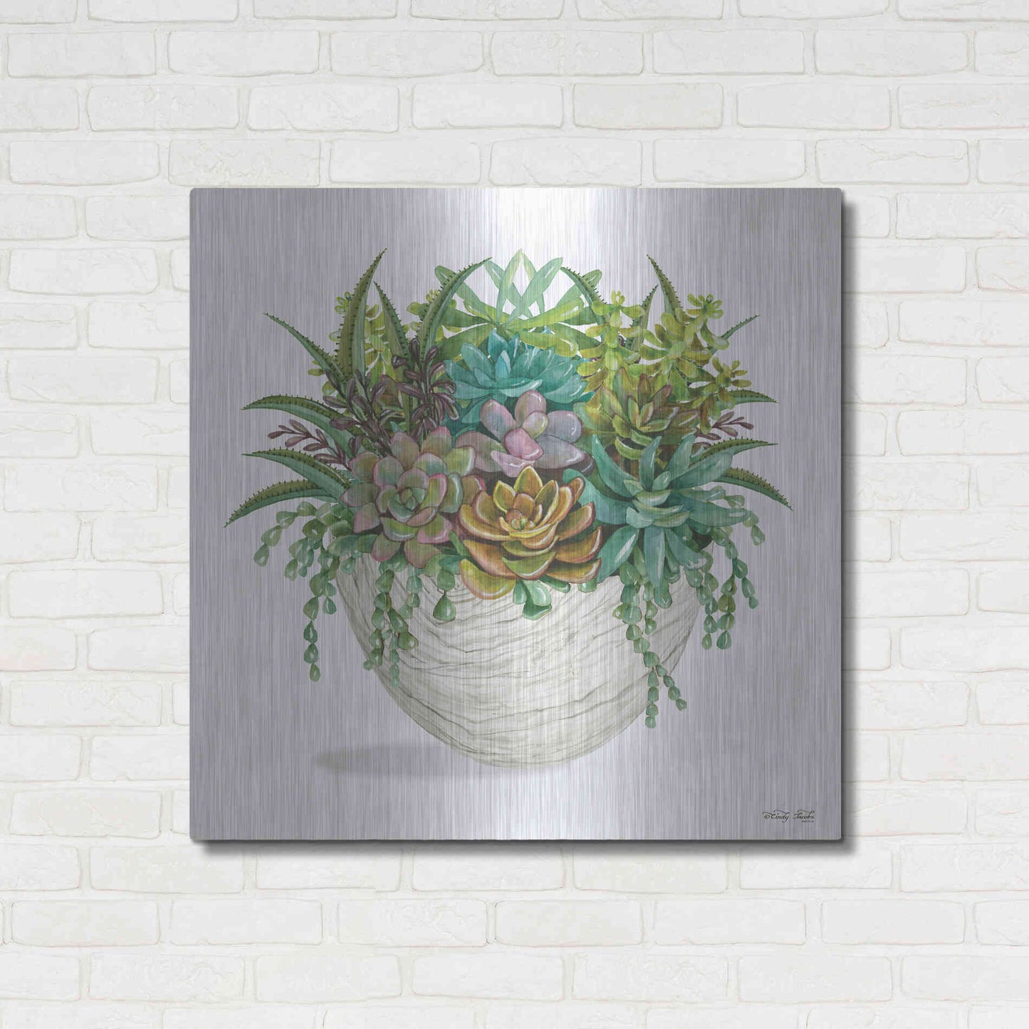 Luxe Metal Art 'White Wood Succulent II' by Cindy Jacobs, Metal Wall Art,36x36