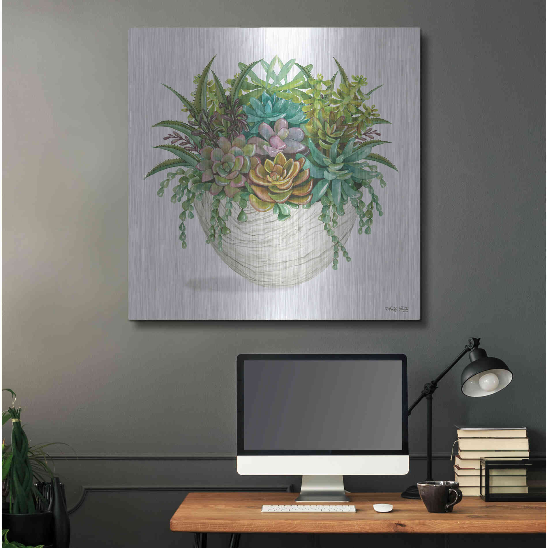 Luxe Metal Art 'White Wood Succulent II' by Cindy Jacobs, Metal Wall Art,36x36