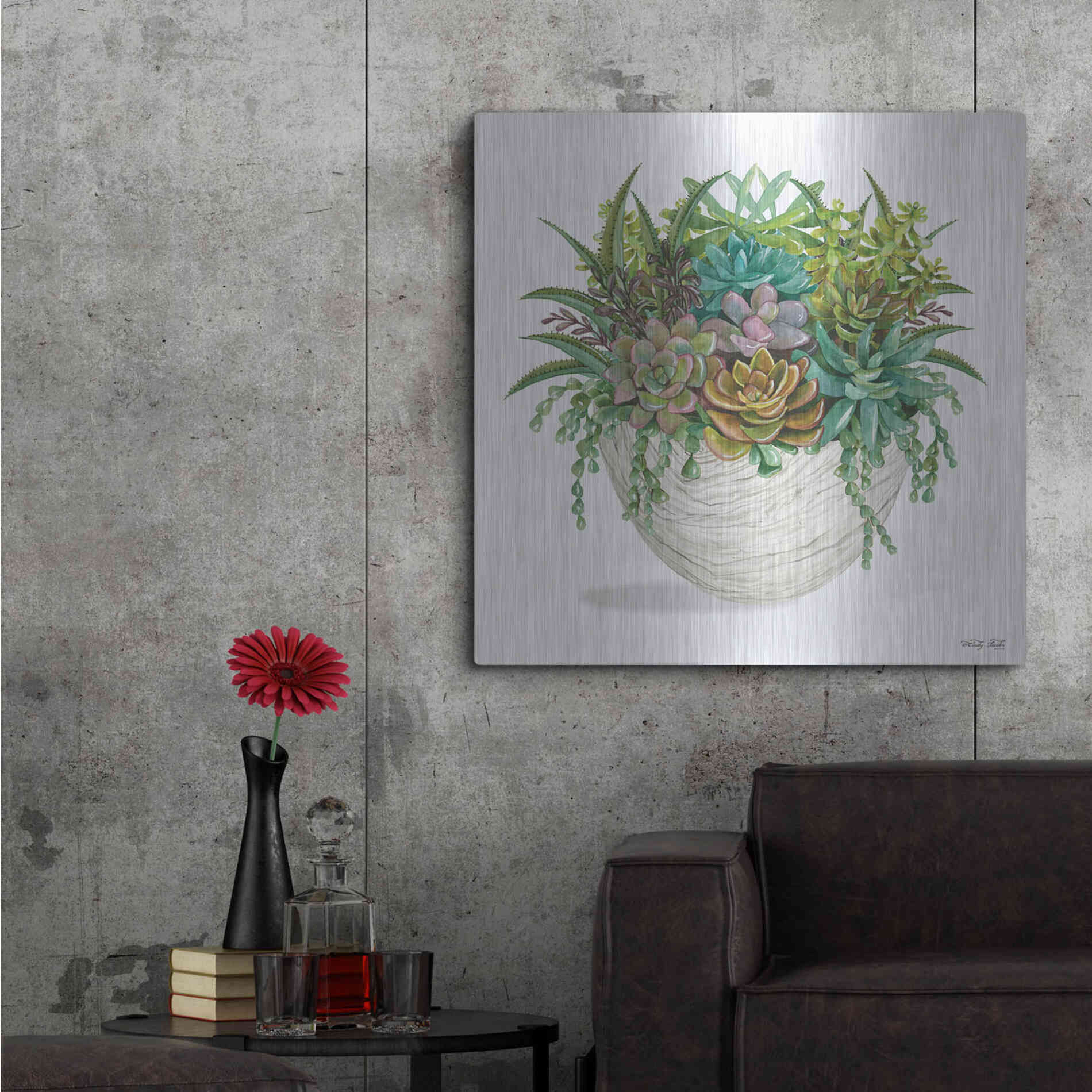 Luxe Metal Art 'White Wood Succulent II' by Cindy Jacobs, Metal Wall Art,36x36