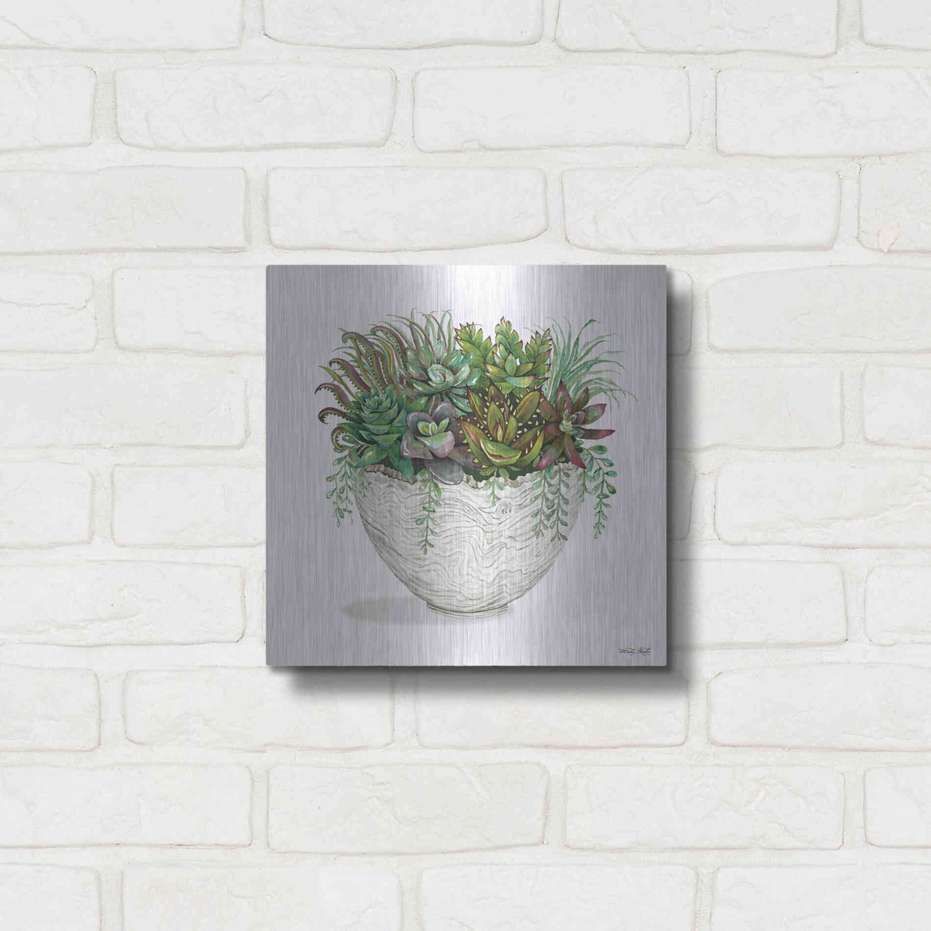 Luxe Metal Art 'White Wood Succulent III' by Cindy Jacobs, Metal Wall Art,12x12
