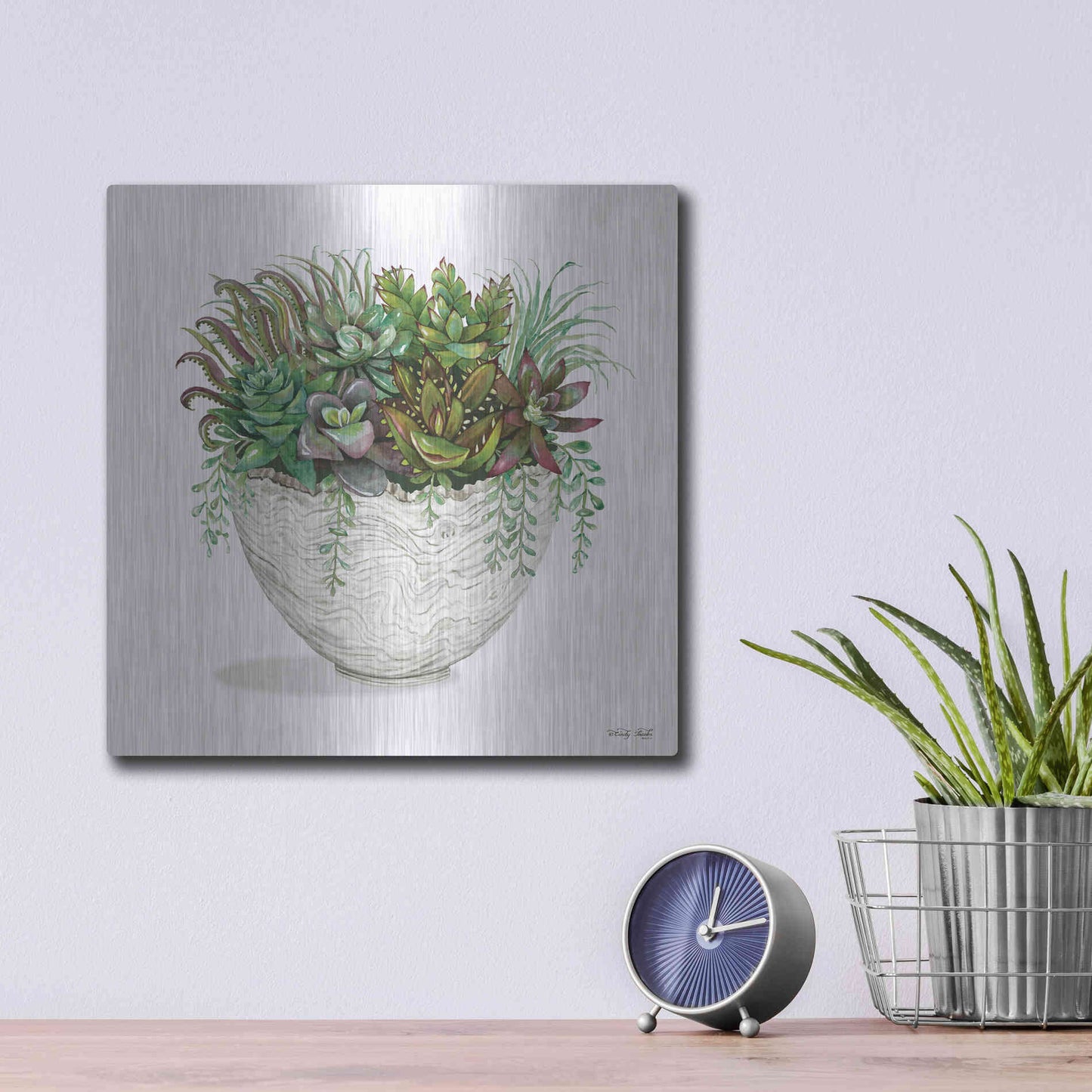 Luxe Metal Art 'White Wood Succulent III' by Cindy Jacobs, Metal Wall Art,12x12