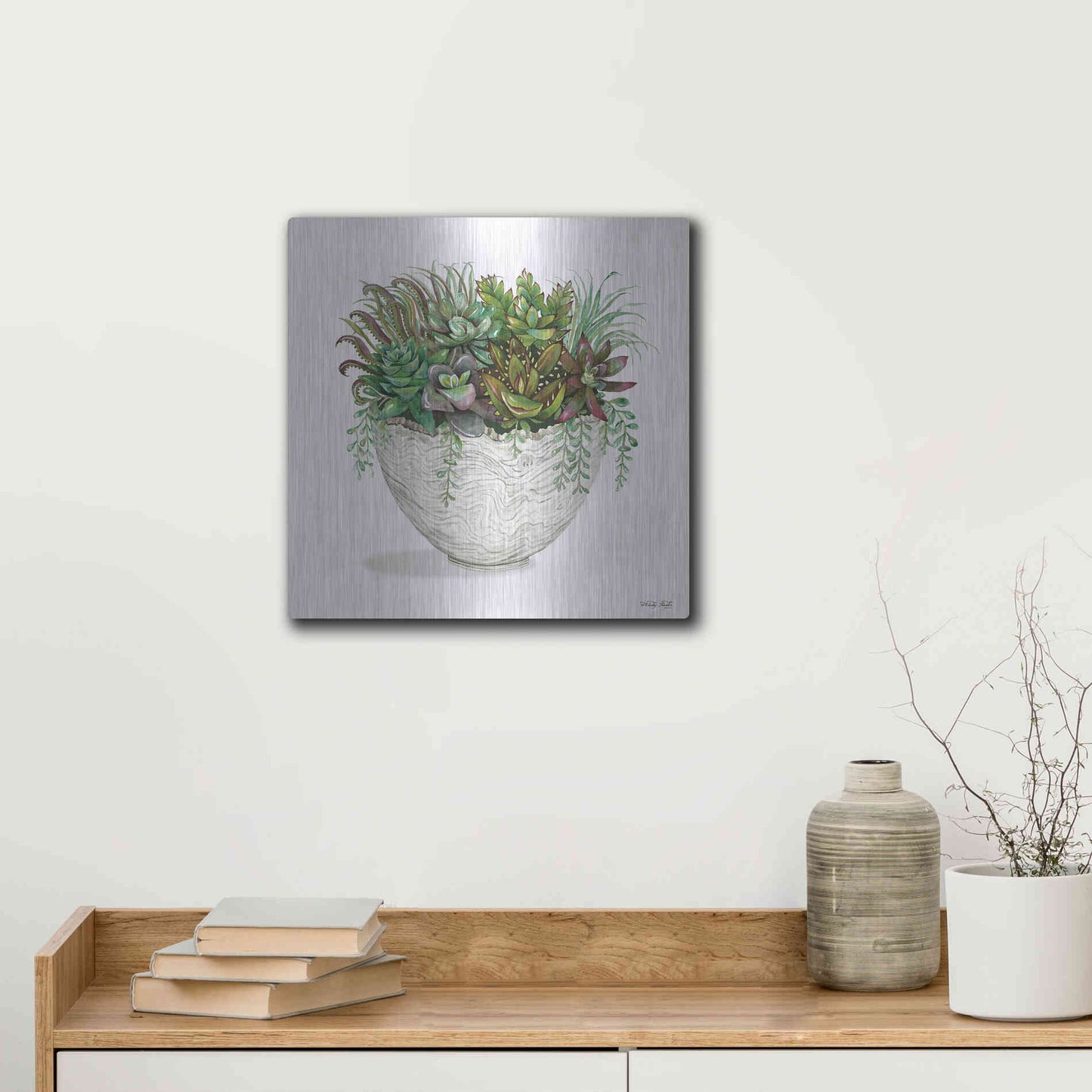Luxe Metal Art 'White Wood Succulent III' by Cindy Jacobs, Metal Wall Art,12x12