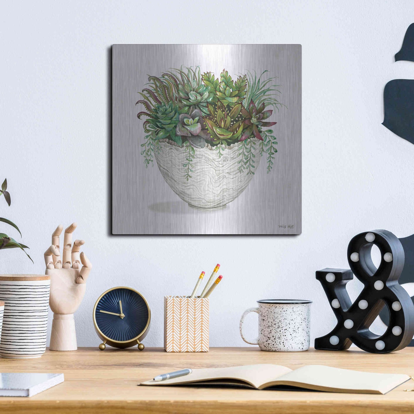 Luxe Metal Art 'White Wood Succulent III' by Cindy Jacobs, Metal Wall Art,12x12