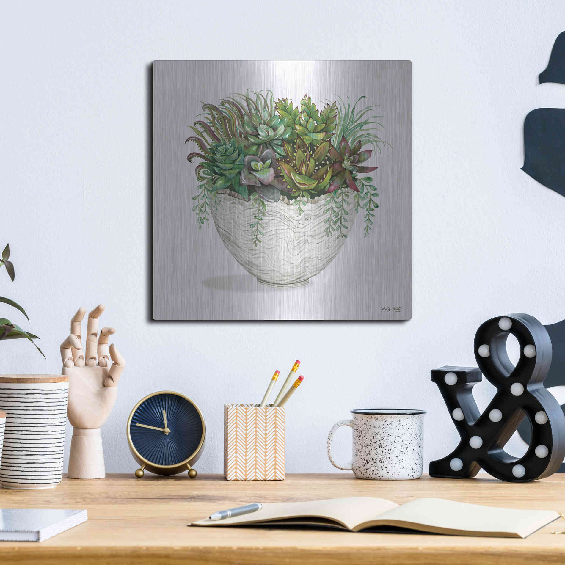 Luxe Metal Art 'White Wood Succulent III' by Cindy Jacobs, Metal Wall Art,12x12