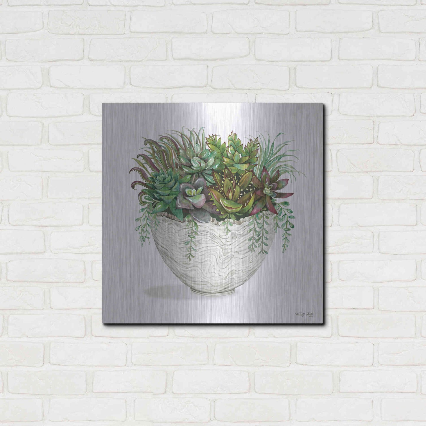 Luxe Metal Art 'White Wood Succulent III' by Cindy Jacobs, Metal Wall Art,24x24