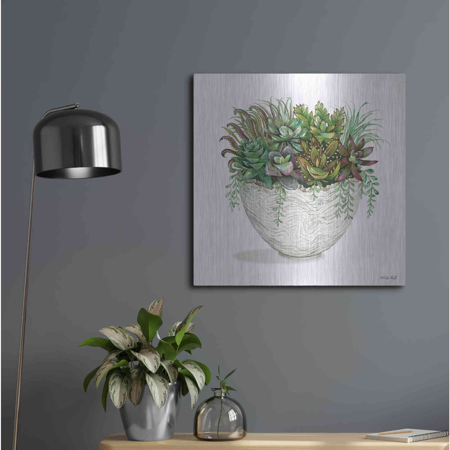 Luxe Metal Art 'White Wood Succulent III' by Cindy Jacobs, Metal Wall Art,24x24